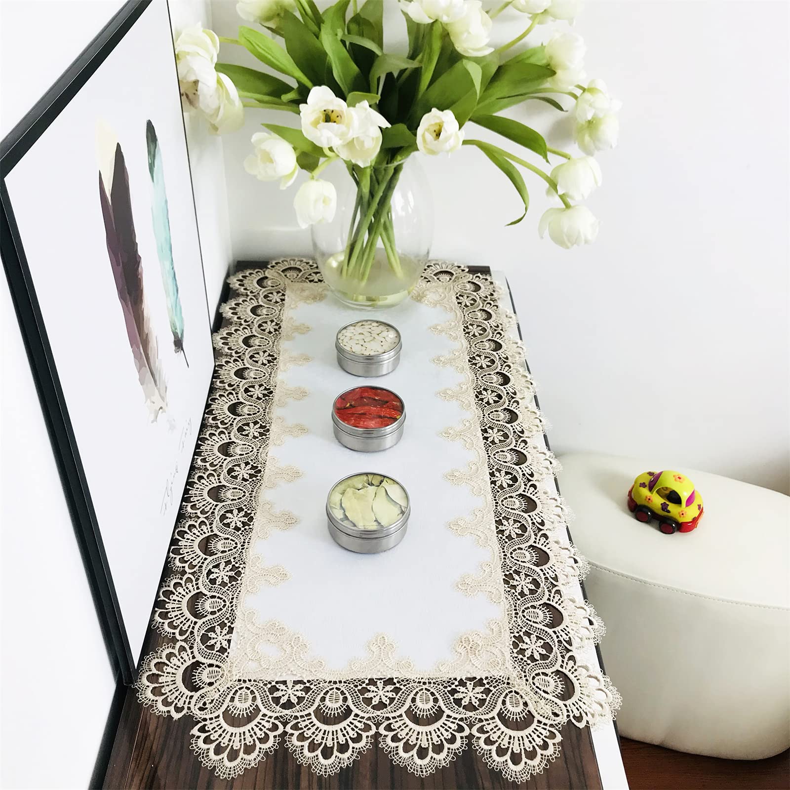 Beige Embroidered Lace Rectangle Table Runner 16x35 Inches - Washable Carnation Lace Fabric for Wedding, Dining Table, Dresser, Kitchen & Coffee Table Decor | Elegant Home & Party Decoration