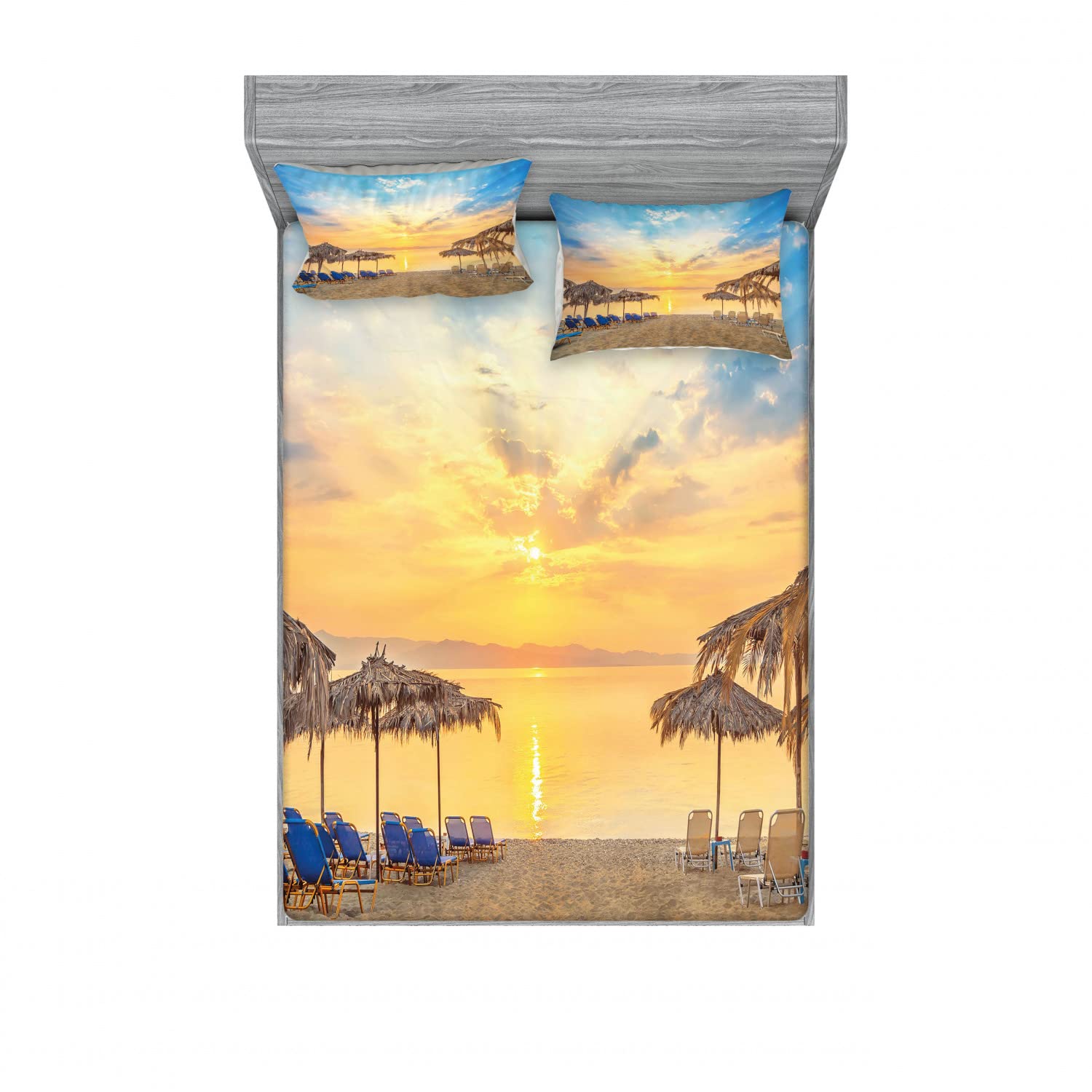 Ambesonne 2-Pack Summer Fitted Sheet & Pillow Sham Set - Sandy Beach Sunrise Design, 4-Piece Bedding Set (2 Twin XL Fitted Sheets & 4 Pillow Covers) in Tan & Blue | Coastal Decor for Guest Rooms, Beach Houses & Vacation Rentals