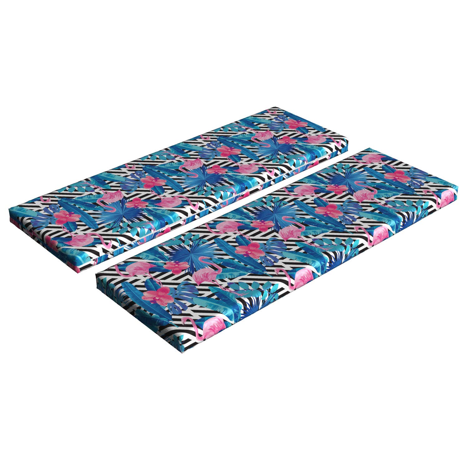 Ambesonne 2-Piece Banana Leaf Bench Cushion Set - Watercolor Tropical Pink Flamingos, Orchids & Blue Floral Jungle Palm Design - Standard Size 45