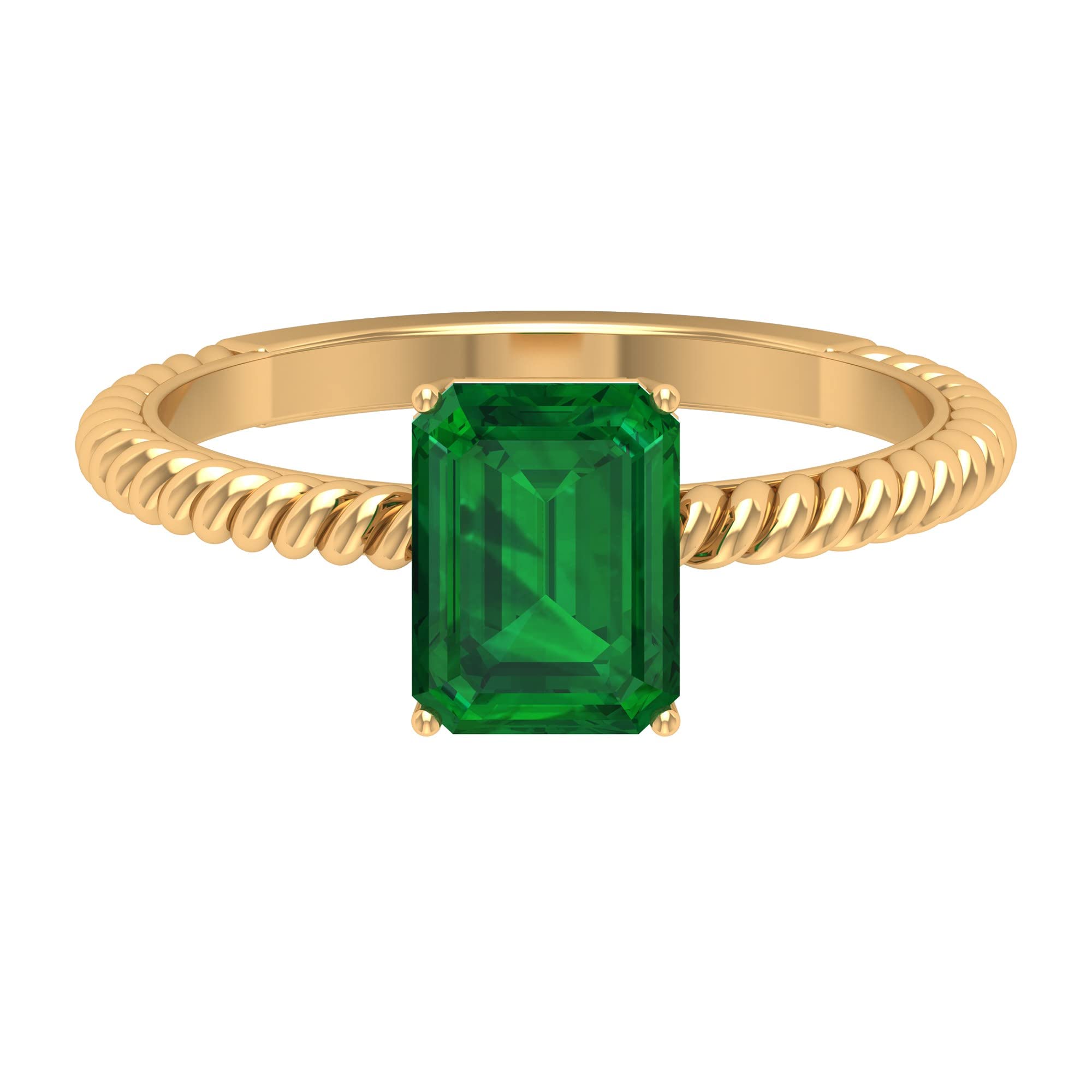 14K Solid Gold Emerald Solitaire Ring - May Birthstone Jewelry with 6X8 MM Octagon Cut Gemstone, Twisted Rope Design for Women | Perfect for Engagement, Anniversary & Special Occasion Gifts