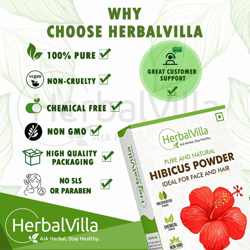 Herbalvilla Hibiscus Powder for Hair Growth & Skin Care - 200g | Natural Hair & Face Mask for Thicker Hair & Glowing Skin | DIY Beauty Treatment for Hair Loss & Anti-Aging
