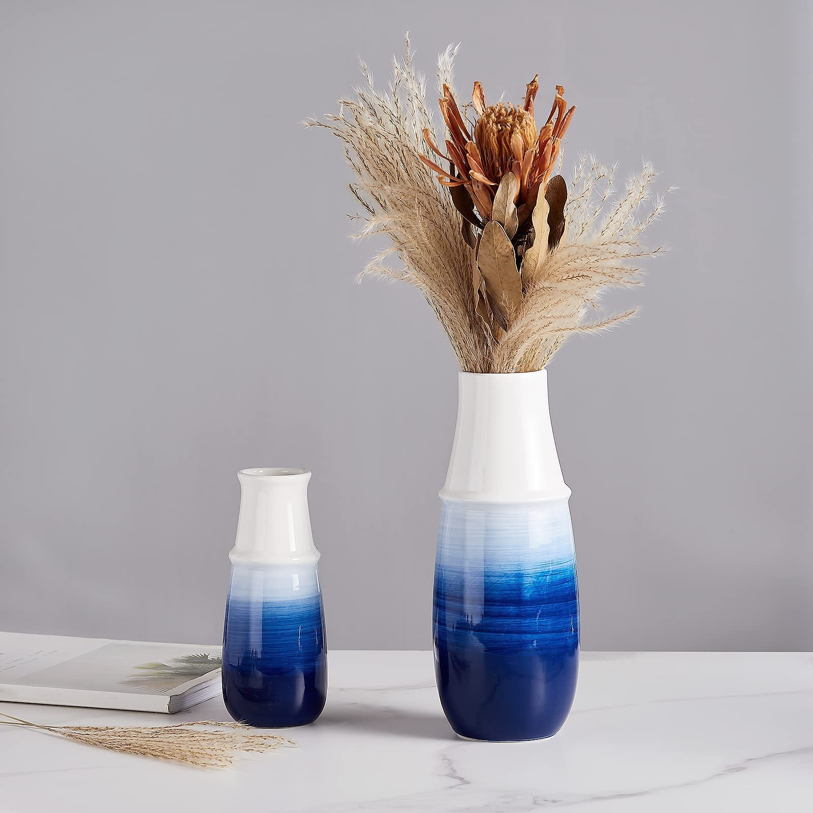 2-Piece Ceramic Vase Set & 4-Piece Bathroom Accessories - Rustic Farmhouse Decor for Bathroom, Living Room, Bedroom - Blue Home Décor for Modern & Traditional Interiors