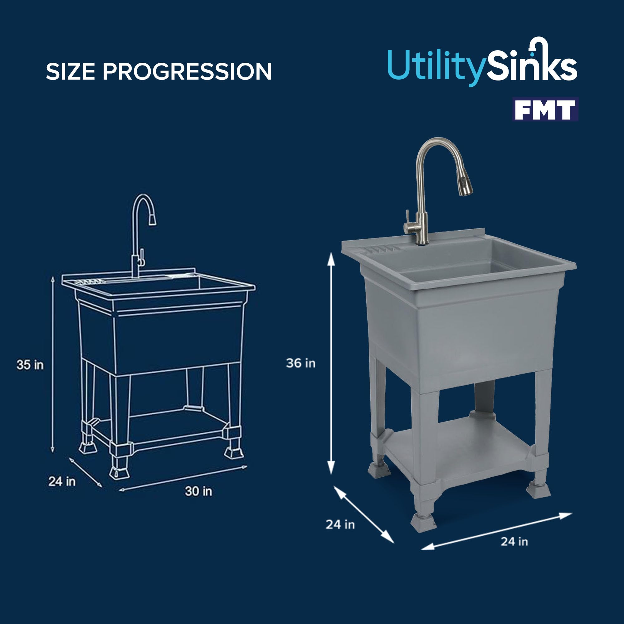 Heavy Duty 24x24 Inch Plastic Utility Sink - USA Made Freestanding Compact Laundry Tub for Workshop, Garage, Greenhouse & Pet Washing Station (Grey) - Perfect for DIY Projects, Outdoor Cleaning & Commercial Use
