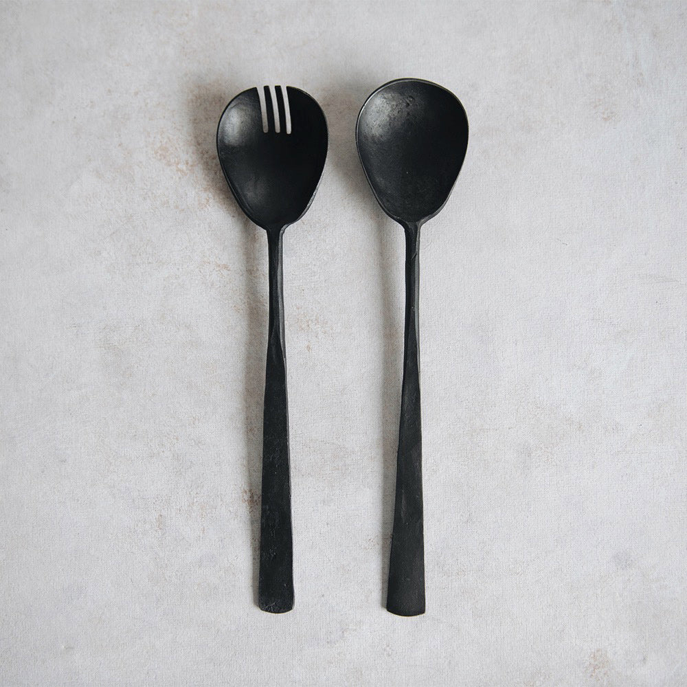 Hand-Forged Rustic Serving Utensil Set - 3-Piece Wooden Kitchen Tools for Cooking, Serving & Entertaining - Perfect for Farmhouse Dining, BBQ Parties & Holiday Gatherings