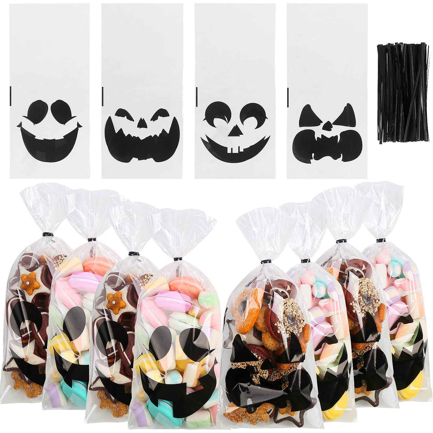 STEFORD Halloween Cellophane Bags 120PCS with Twist Ties for Party Favors & Candy Treats