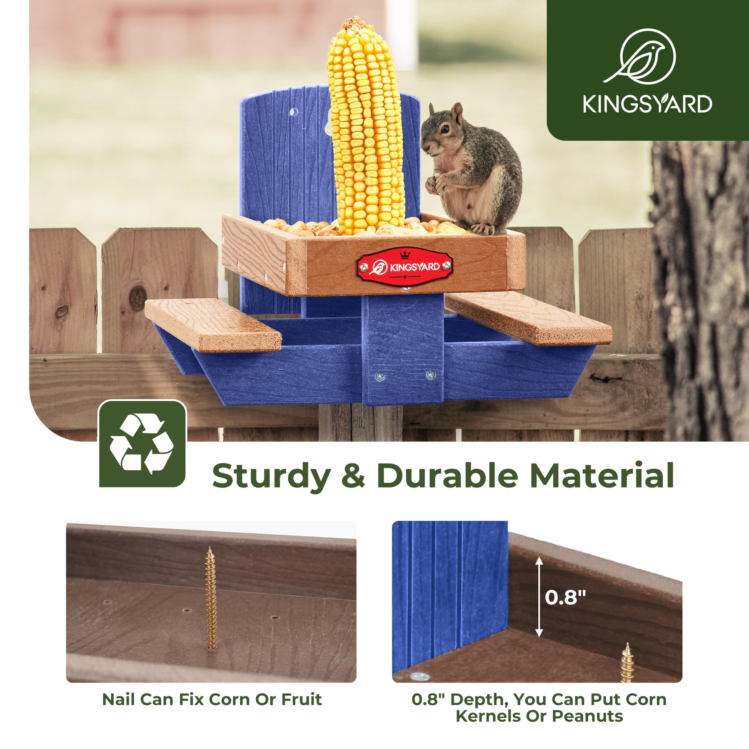 Kingsyard Outdoor Squirrel Feeder Table - Durable Recycled Plastic Chipmunk Picnic Feeder with Corn Cob Holder & 2 Sturdy Benches, Easy to Clean (Blue) - Perfect for Backyard Wildlife Watching & Garden Decoration
