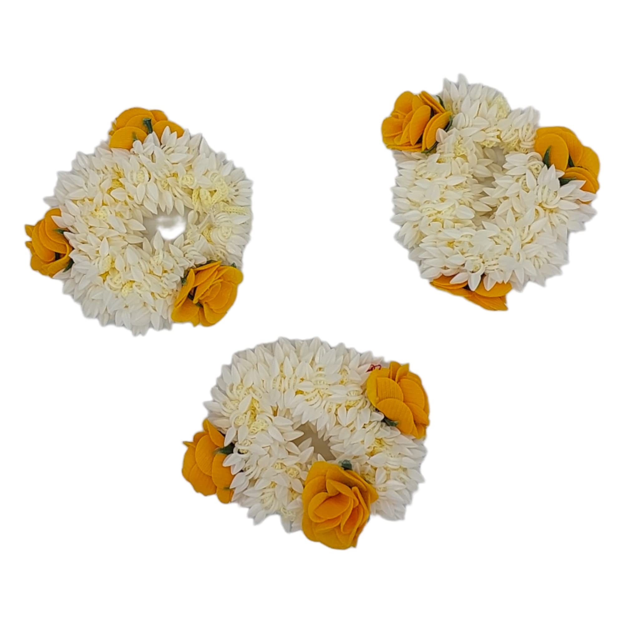3-Pack White & Yellow Artificial Flower Hair Scrunchies for Women - Mogra & Gajra Style Hair Bun Accessories - Perfect for Weddings, Parties & Boho Fashion Looks