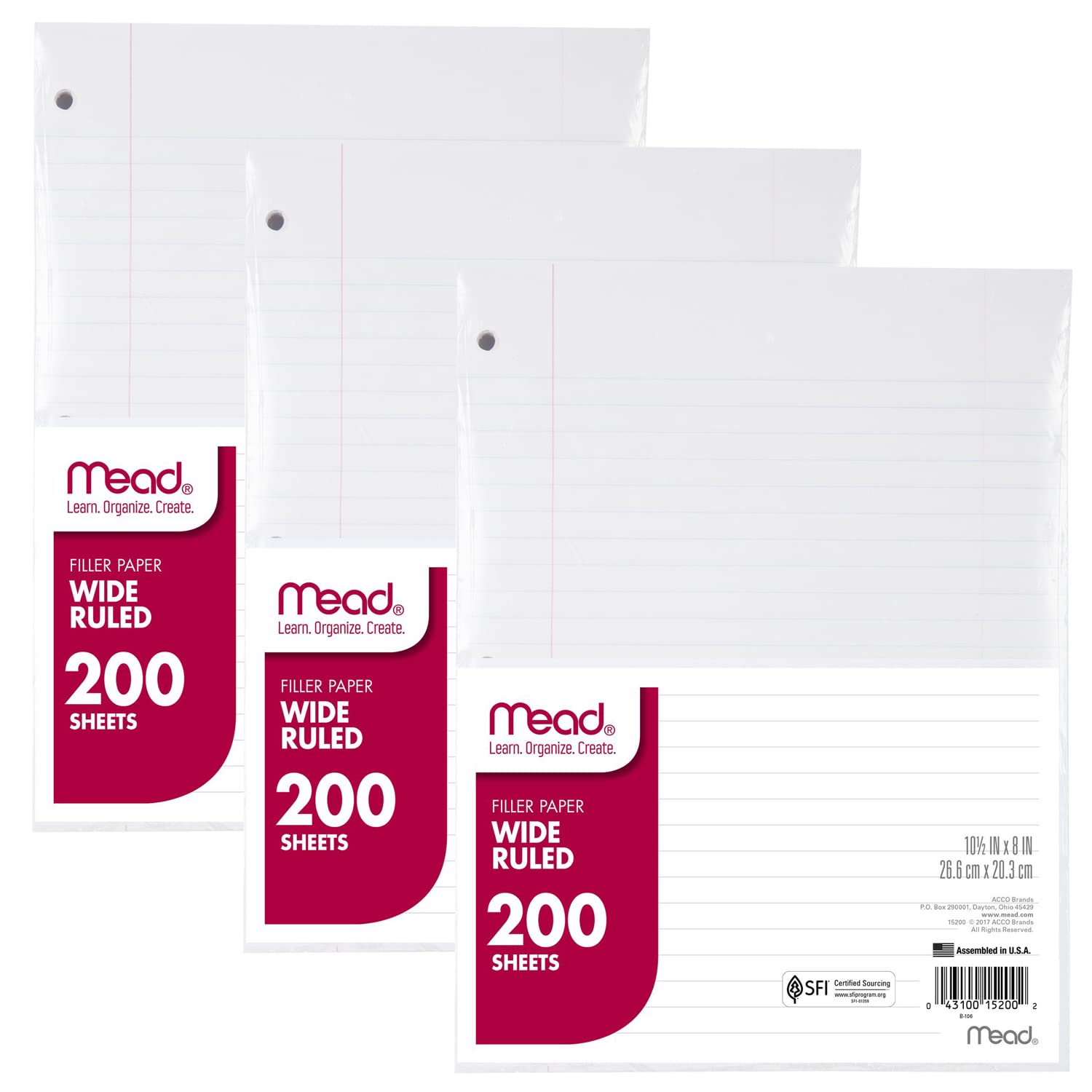 Mead Wide Ruled Loose Leaf Paper - 3 Pack (200 Sheets Each) - 8 x 10.5 Inch Filler Paper for Notebooks & Binders - Perfect for School, Office & Homework Organization