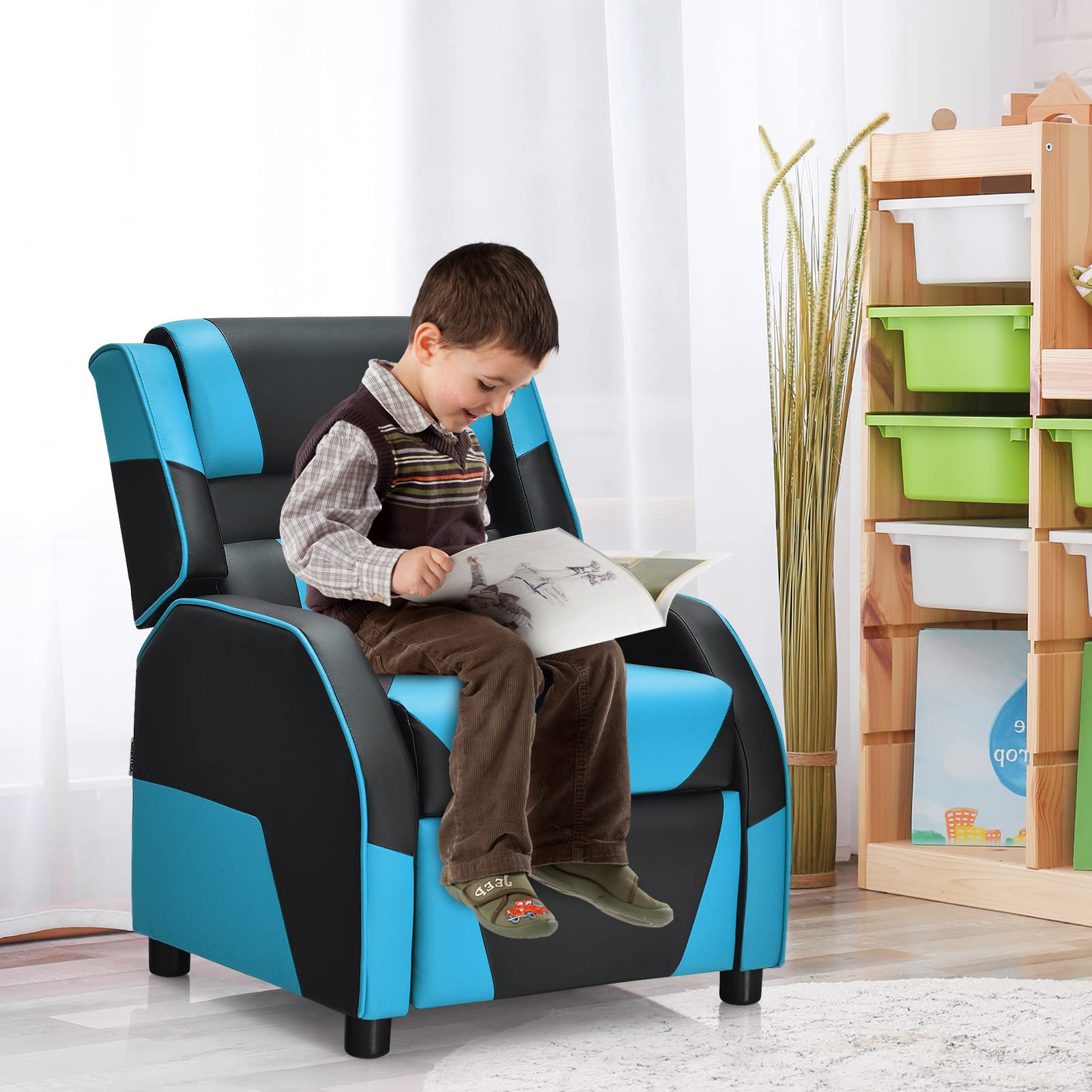 COSTWAY Kids Recliner Sofa - Adjustable Toddler Leather Recliner Chair with Footrest & Headrest, Gaming Reclining Chair for Boys & Girls Ages 3+, Perfect for Living Room, Bedroom & Playroom (Blue) - Ideal for Movie Nights, Gaming & Relaxing