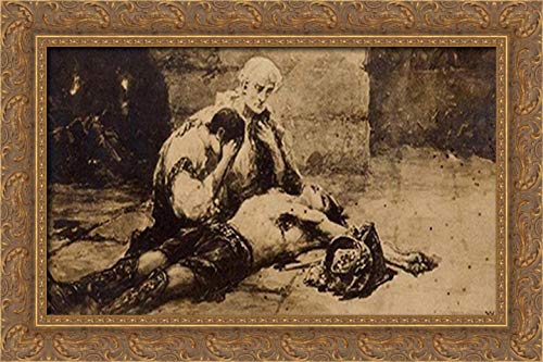 Over The Dead Gladiator 24x16 Gold Ornate Wood Framed Canvas Art Print by Wilhelm Kotarbinski - Roman Warrior Battle Scene Painting for Living Room, Office & Medieval Decor