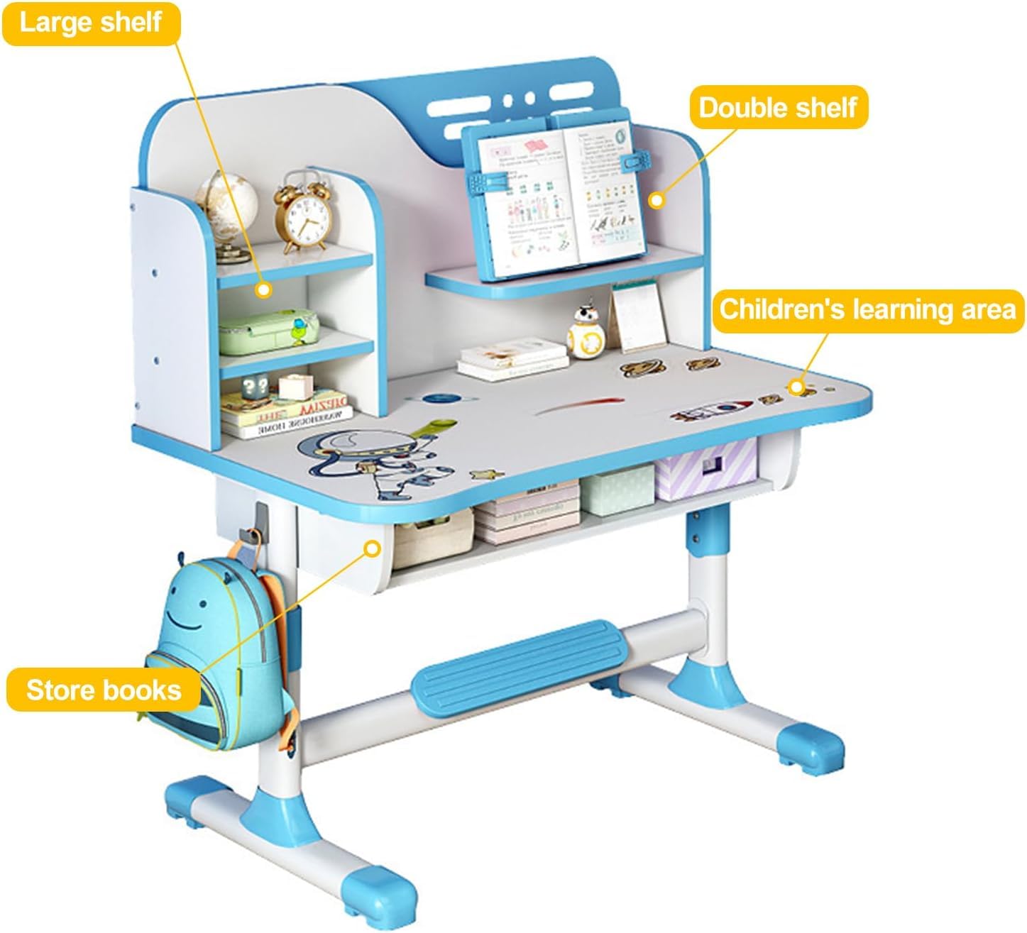 Kids Study Desk and Chair Set with Golden Distance Design - Adjustable Height Writing Table for Boys & Girls, Homeschooling & Online Learning (Blue) - Perfect for Bedroom, Playroom & Classroom Use