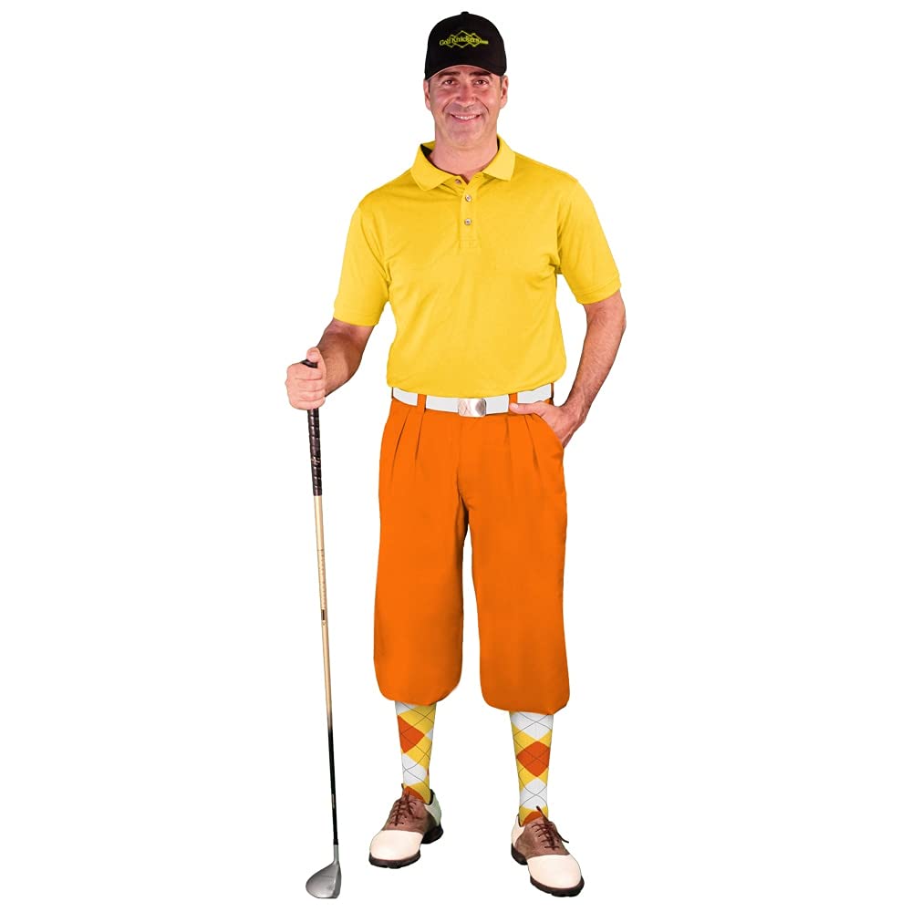 **Men's Orange Microfiber Golf Outfit Set - Limited Edition Ball Cap, Argyle Over-The-Calf Socks & Yellow Polo Shirt for Casual Wear & Sports**
