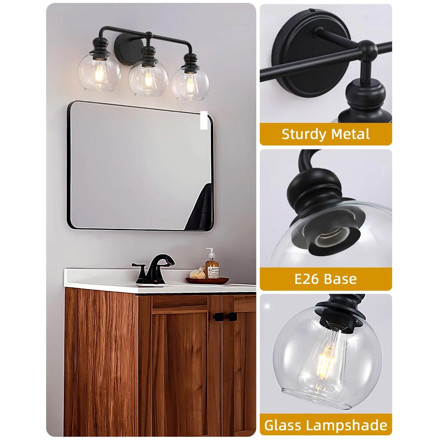 Modern Black Clear Glass 3-Light Bathroom Vanity Light - Perfect for Bathroom, Powder Room & Dressing Area Lighting