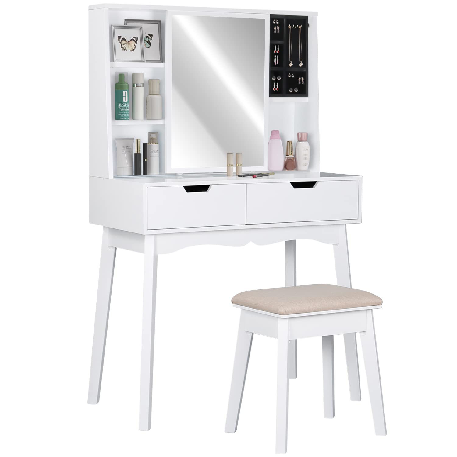 LTMEUTY White Vanity Table with Mirror - Makeup Dressing Desk with 3 Drawers & Cushioned Stool, Elegant Bedroom Vanity Set for Women | Perfect for Makeup Application, Skincare Routine & Home Decor