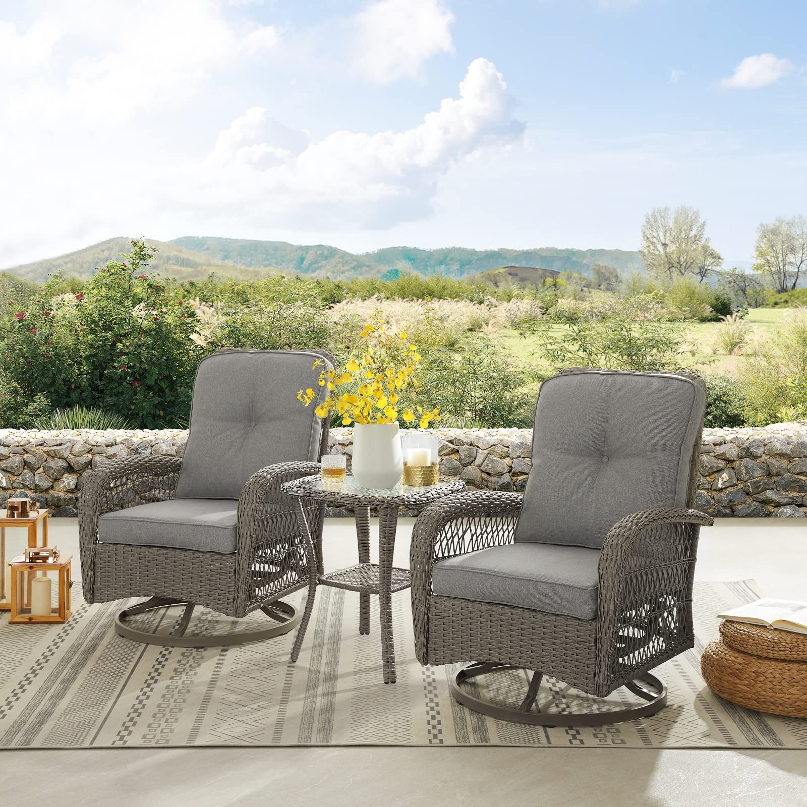 3-Piece Patio Furniture Set - Grey Rattan Outdoor Bistro Set with 2 Wicker Chairs & Table, 3.9