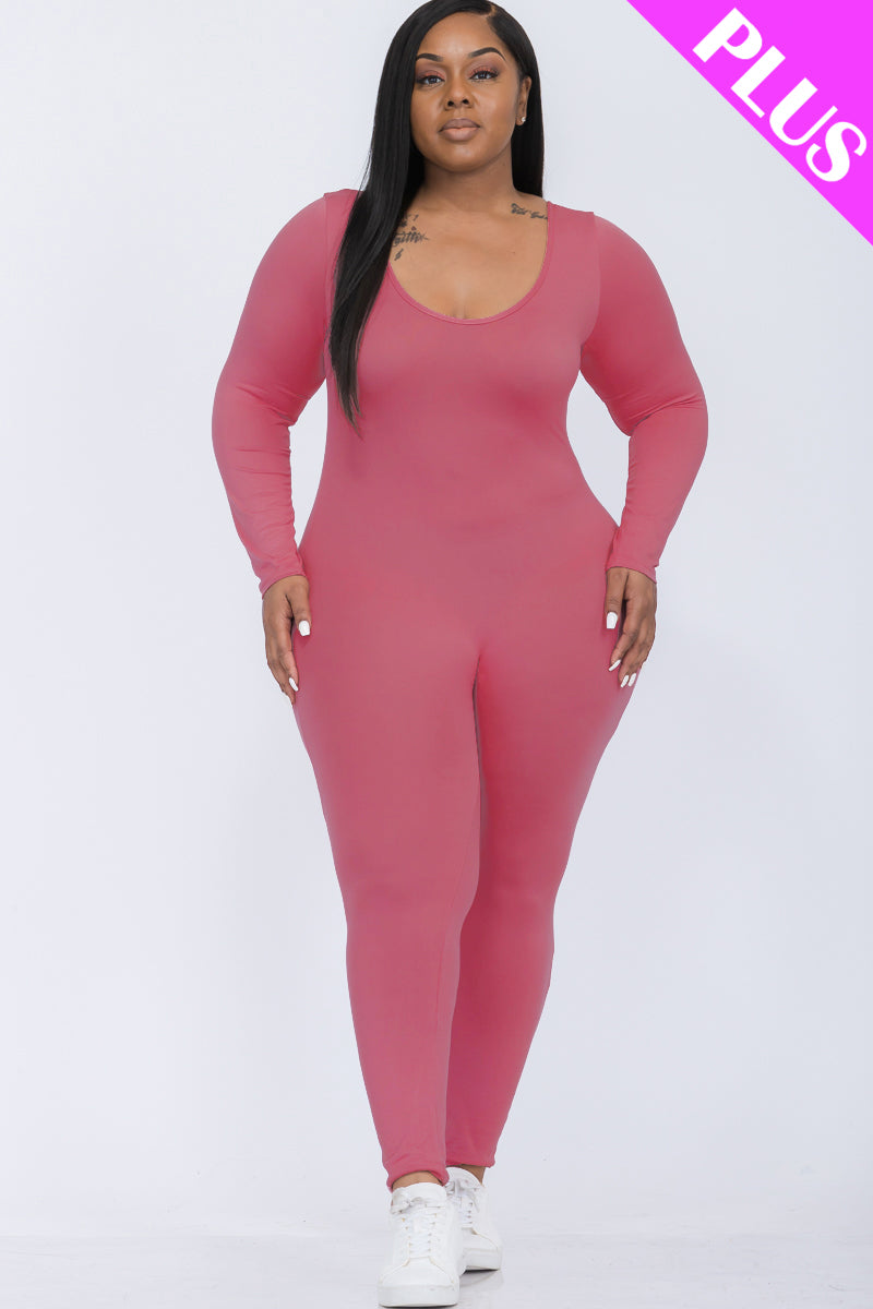 Plus Size Scoop Neck Long Sleeve Bodycon Jumpsuit for Women - Stretchy Slim Fit Romper with Pockets - Perfect for Casual Outfits, Date Night & Party Wear