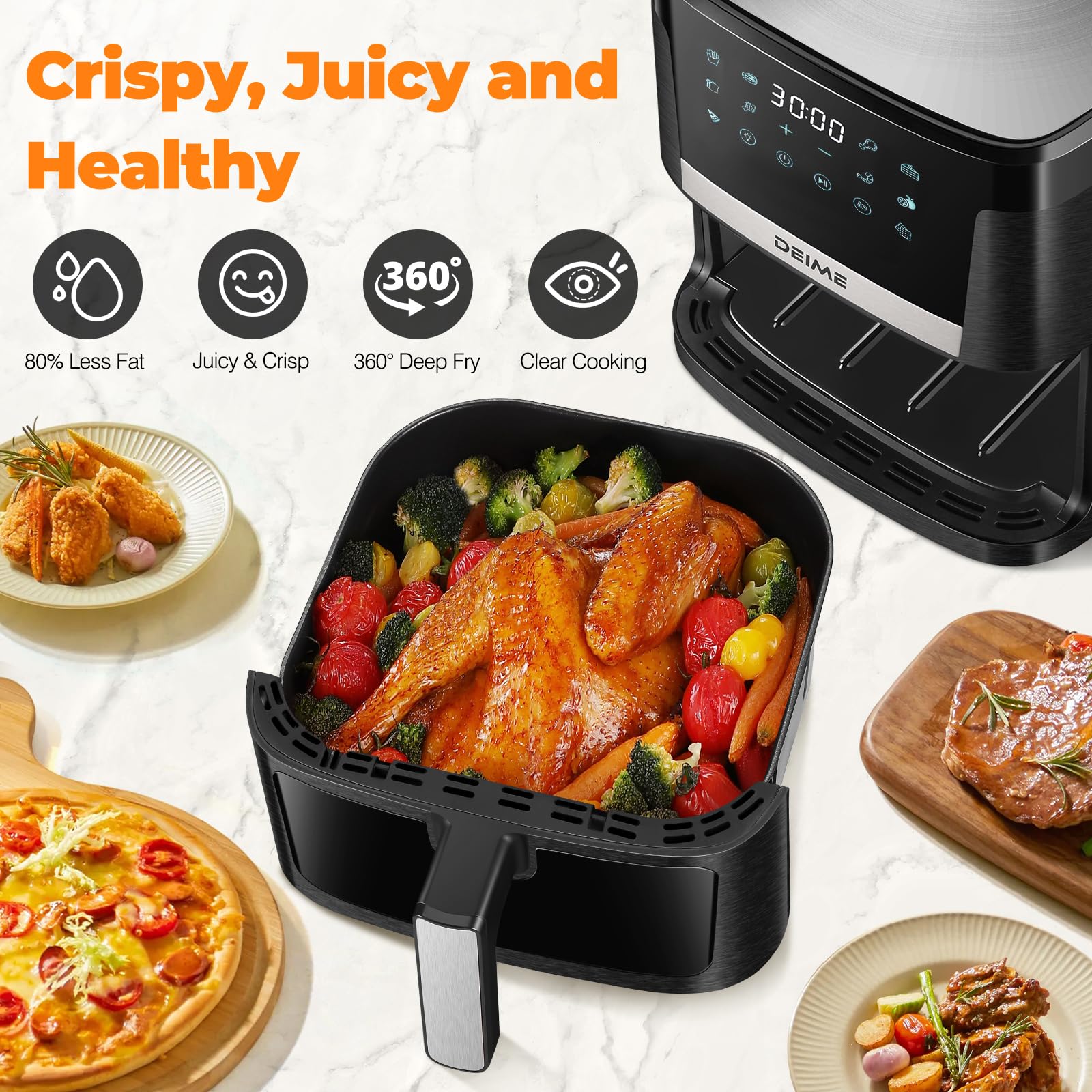 DEIME 7.5 QT 1700W Large Air Fryer - Oil Free Healthy Cooker with 12 Presets, LCD Touch Screen, Visible Window & Non-Stick Basket - Perfect for Family Meals, Quick Snacks & Healthy Cooking (Black)