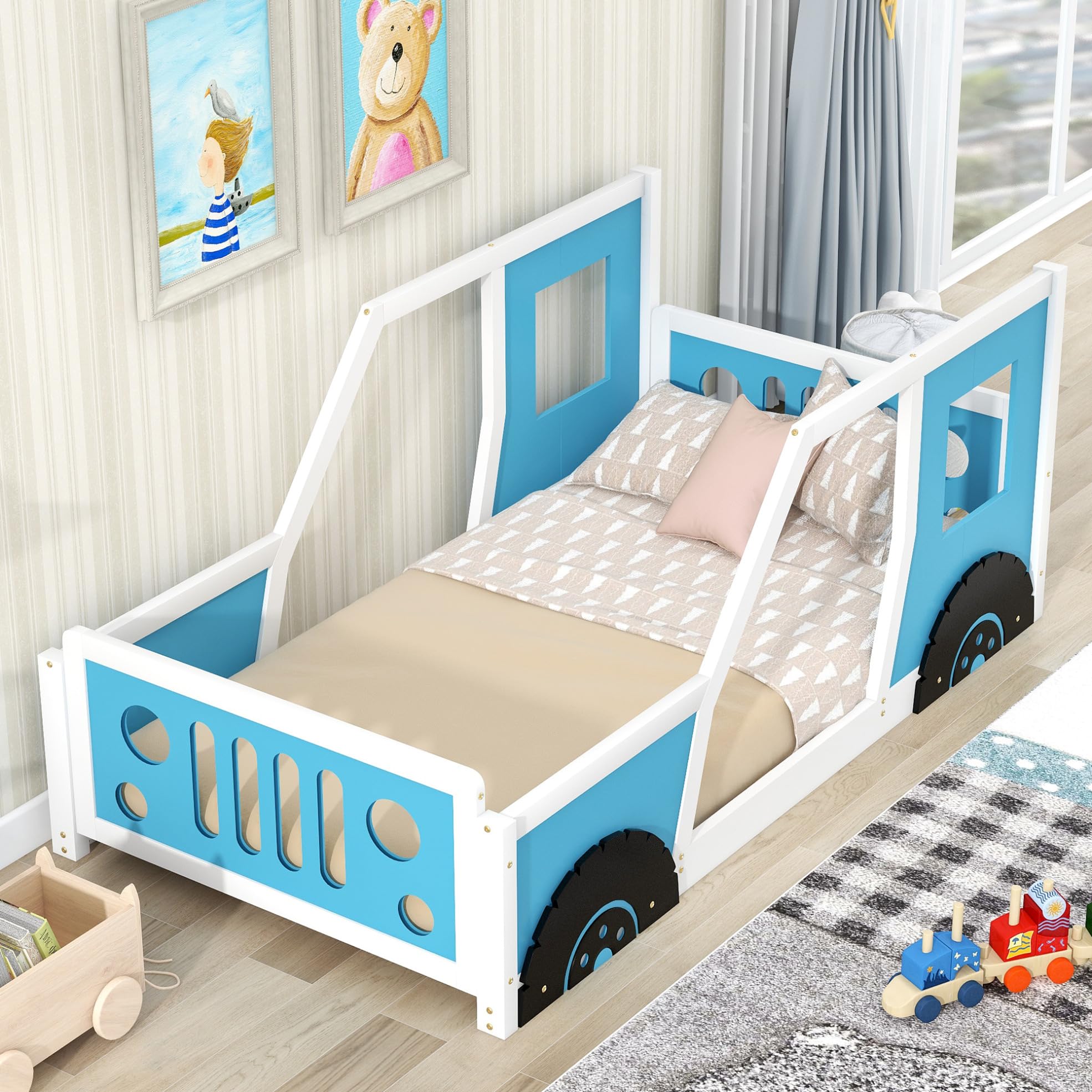 Twin Size Car-Shaped Wooden Bed Frame with Wheels, Headboard & Footboard - Montessori Floor Bed for Kids, No Box Spring Needed - Blue | Perfect for Boys & Girls Bedroom, Playroom, or Montessori Classroom
