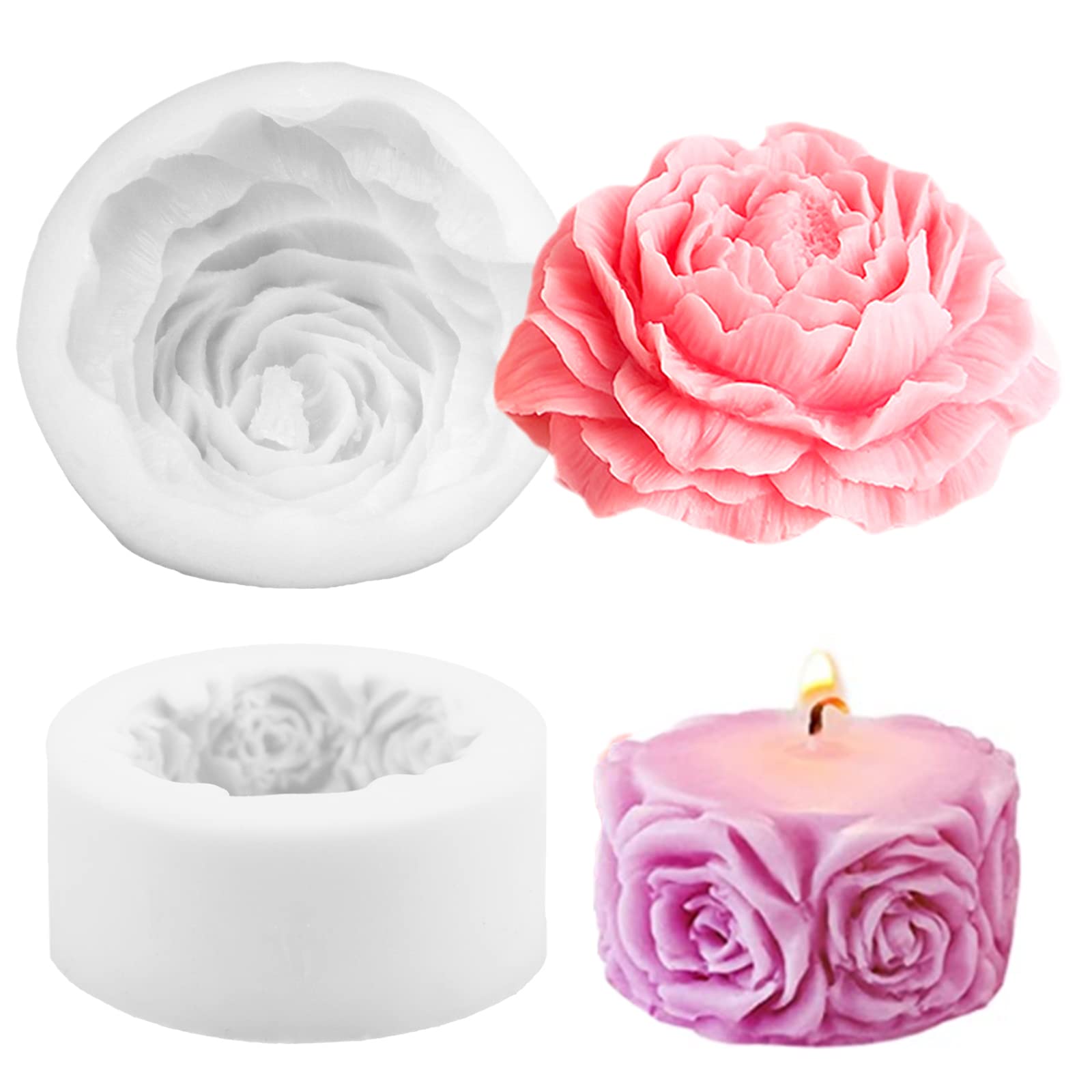 2-Pack Flower Shaped Silicone Candle Molds - DIY 3D Rose & Peony Candle Making Kit for Resin, Soap, and Wax Crafts - Perfect for Valentine's Day Gifts, Home Decor, and Wedding Centerpieces (3.6
