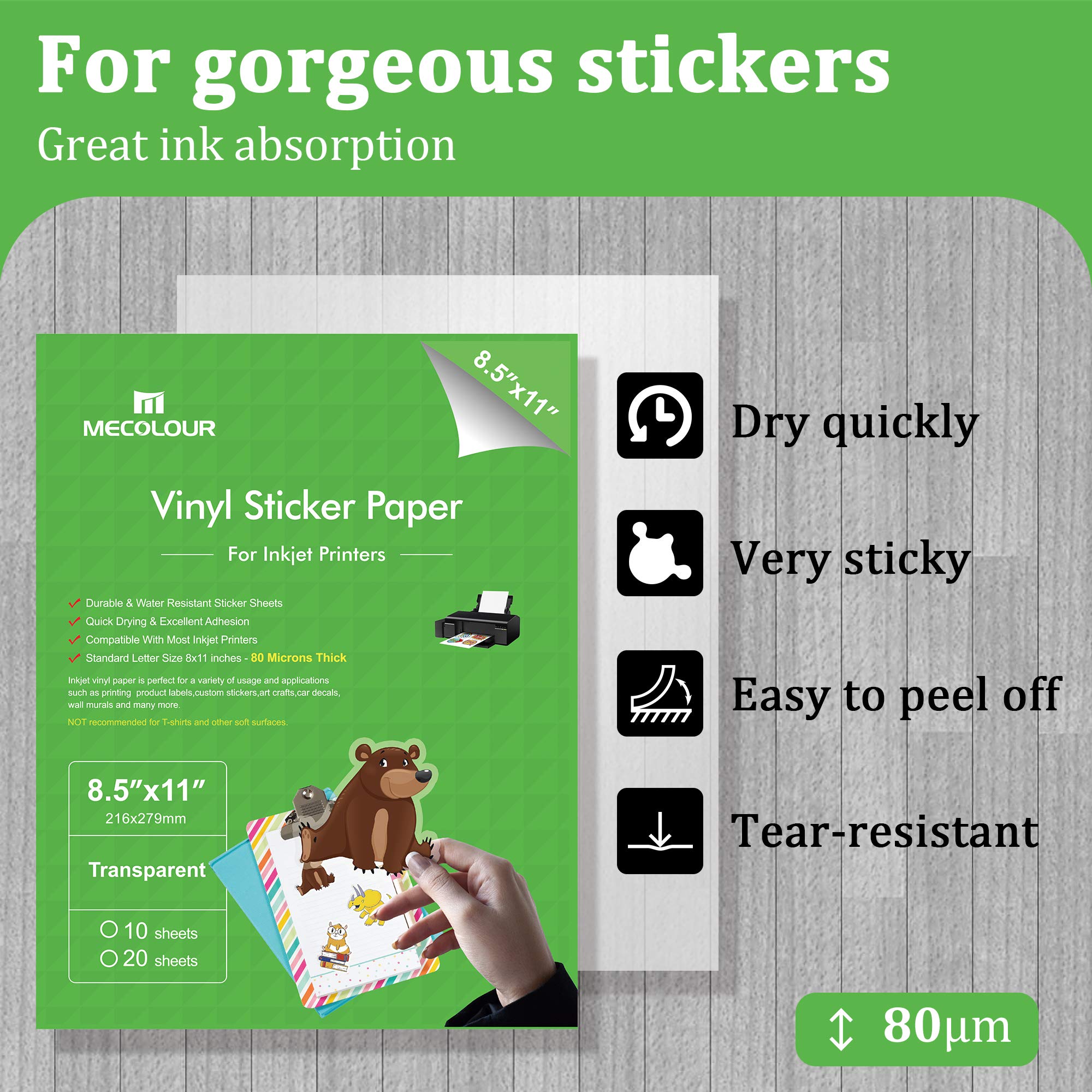 MECOLOUR Clear Sticker Paper for Inkjet Printer - 95% Transparent 8.5x11 Inch Waterproof Labels - 20 Sheets for DIY Crafts, Scrapbooking & Product Packaging