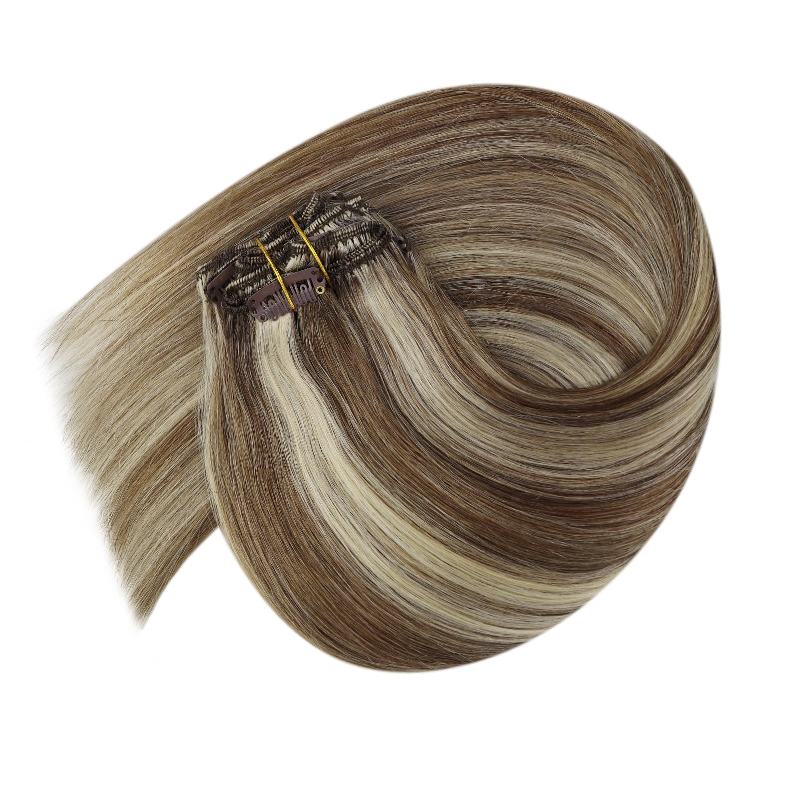 Ve Sunny 24 Inch Clip-in Human Hair Extensions - Remy Hair, Brown Blonde with Light Brown & Platinum Blonde Highlights (7pcs, 120g) for Everyday Styling & Special Occasions