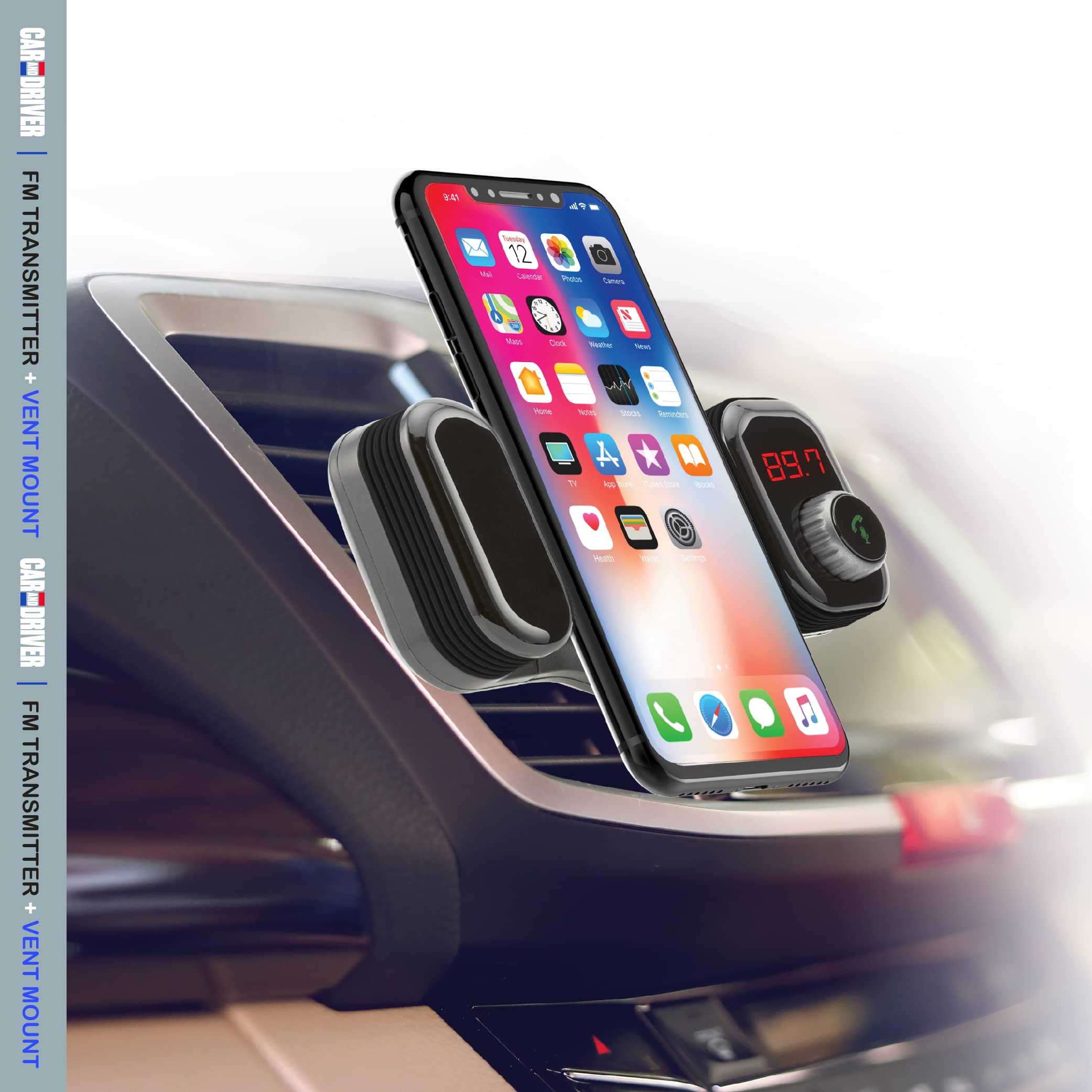Car and Driver Bluetooth FM Transmitter with Car Vent Phone Mount | Hands-Free Calling, USB Charging, Siri Compatible, TF Card Slot, Secure Grip, Universal Fit for Streaming Audio in Car