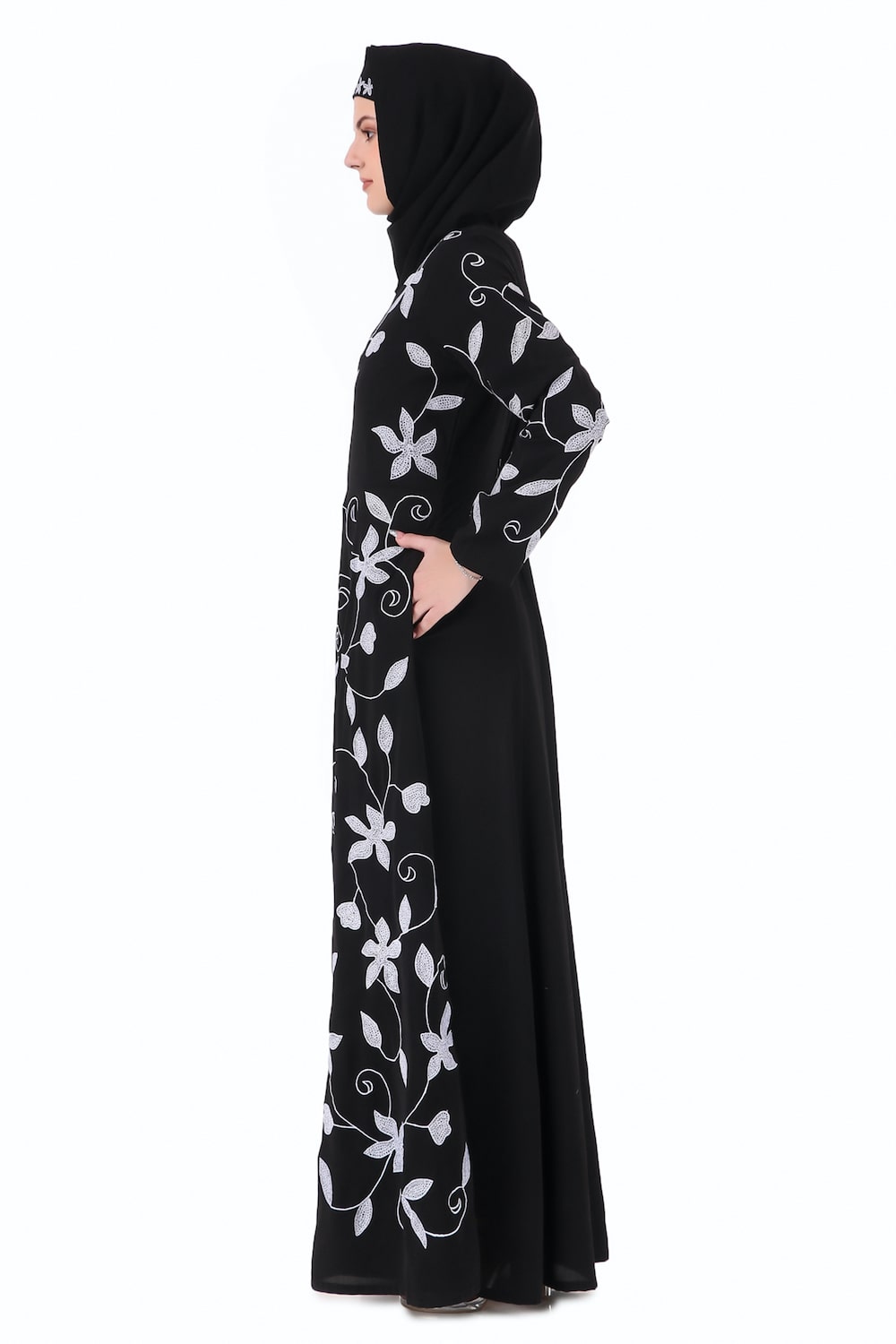 Embroidered Floral Vines Flared Abaya Dress - Elegant Muslim Women's Maxi Dress for Prayer, Wedding & Special Occasions