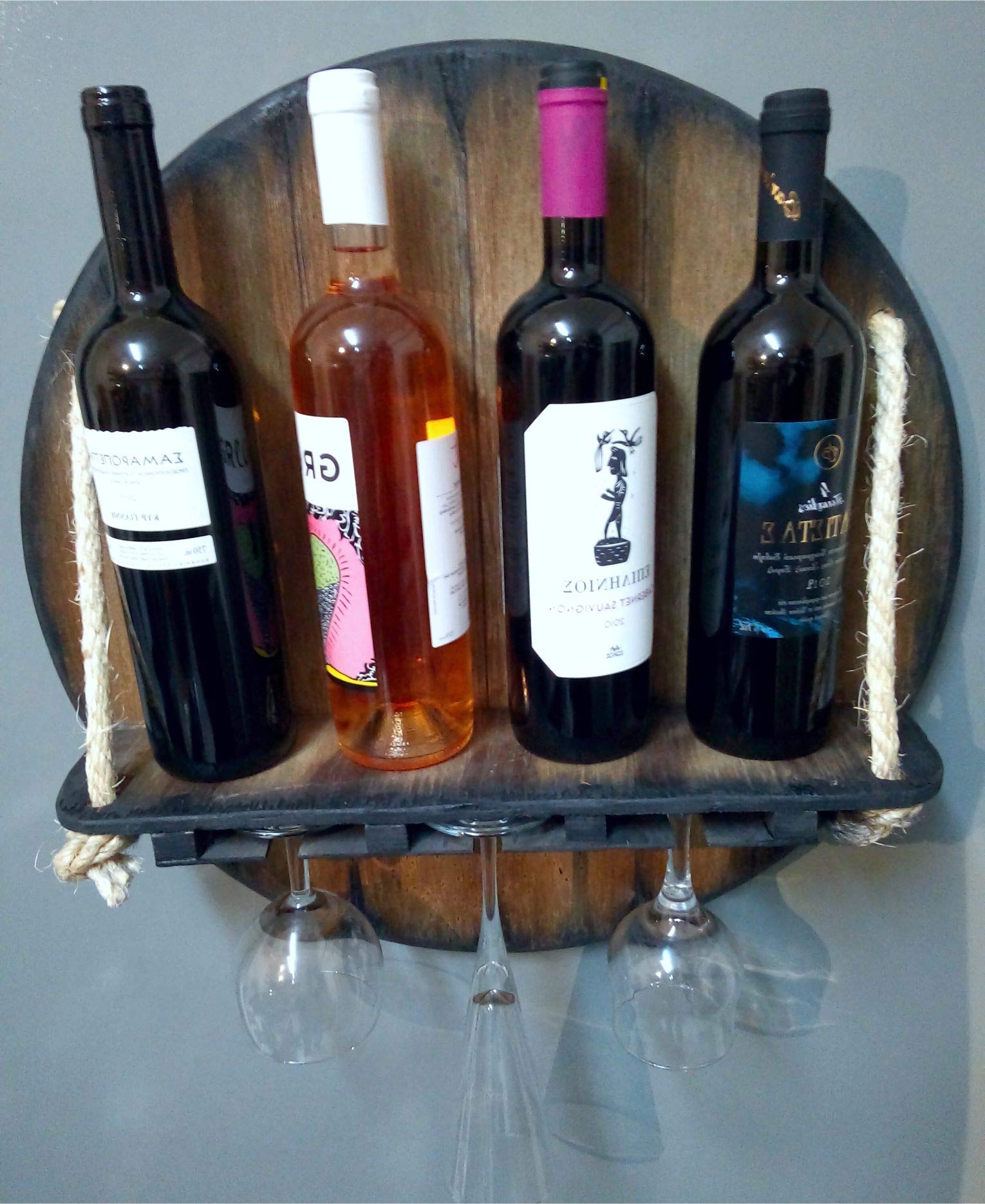 Wall Mounted Wine Rack - Rustic Wood Liquor Bottle Storage Shelf Inspired by Whiskey Barrels | Hanging Glass Holder for Kitchen, Dining Room, Bar & Cellar | Perfect Housewarming Gift & Home Decor for Wine Enthusiasts