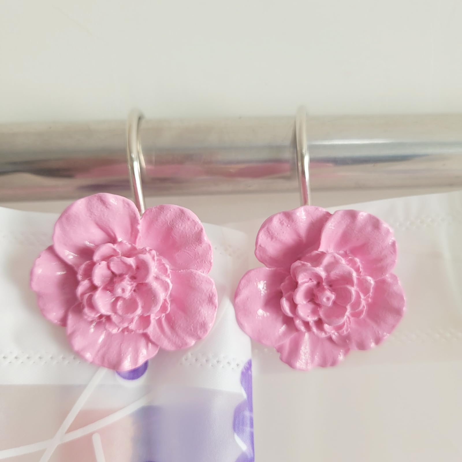 Twofish Home Pink Flower Design Shower Curtain Hooks - Set of 12 Decorative Bathroom Accessories for Shower, Bathtub, and Window Curtains