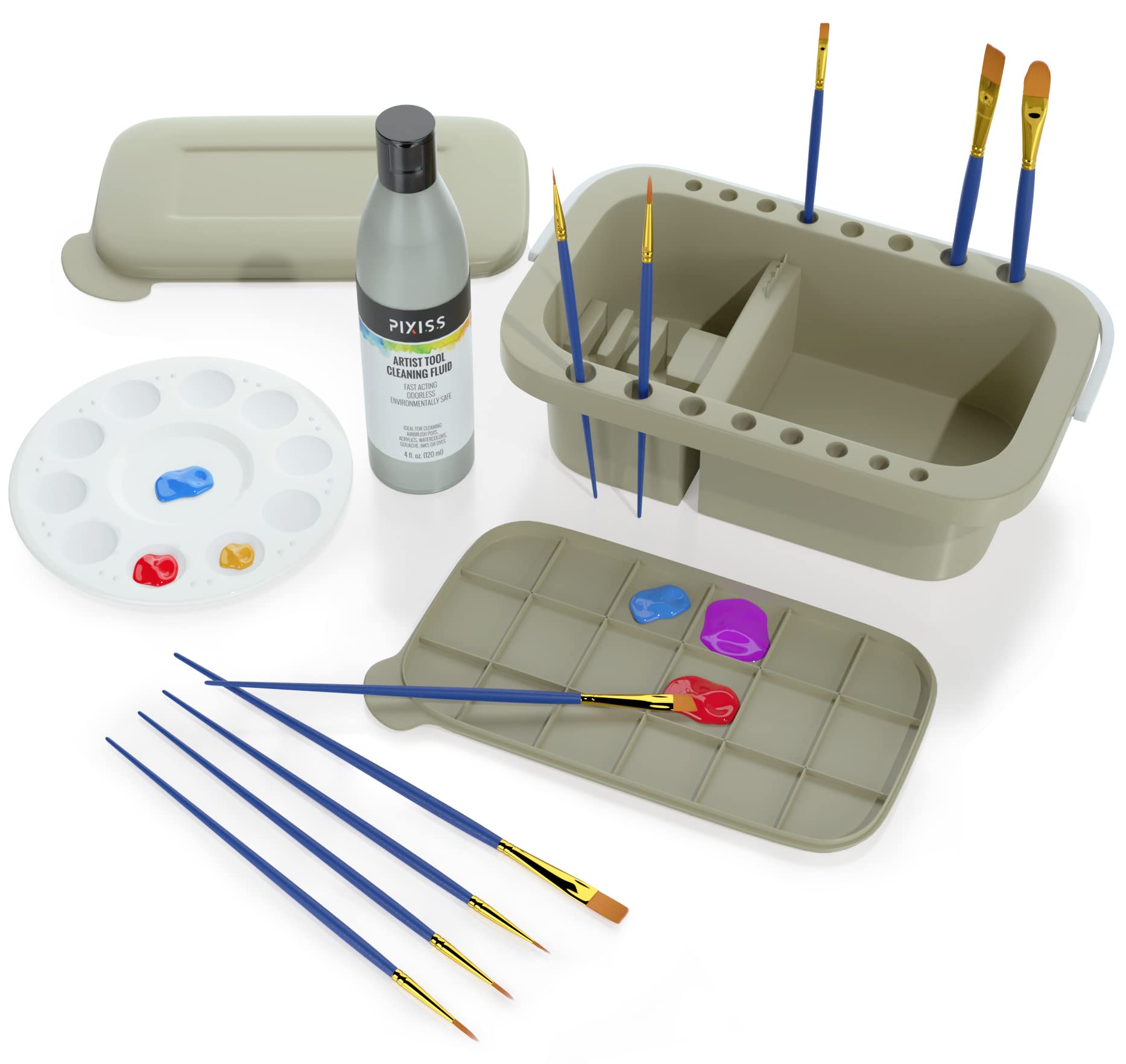 Pixiss Paint Brush Cleaner Basin - Professional Brush Rinser & Holder for Acrylic Painting with 4oz Cleaning Solution & 10 Brushes - Perfect for Artists, Hobbyists & DIY Projects