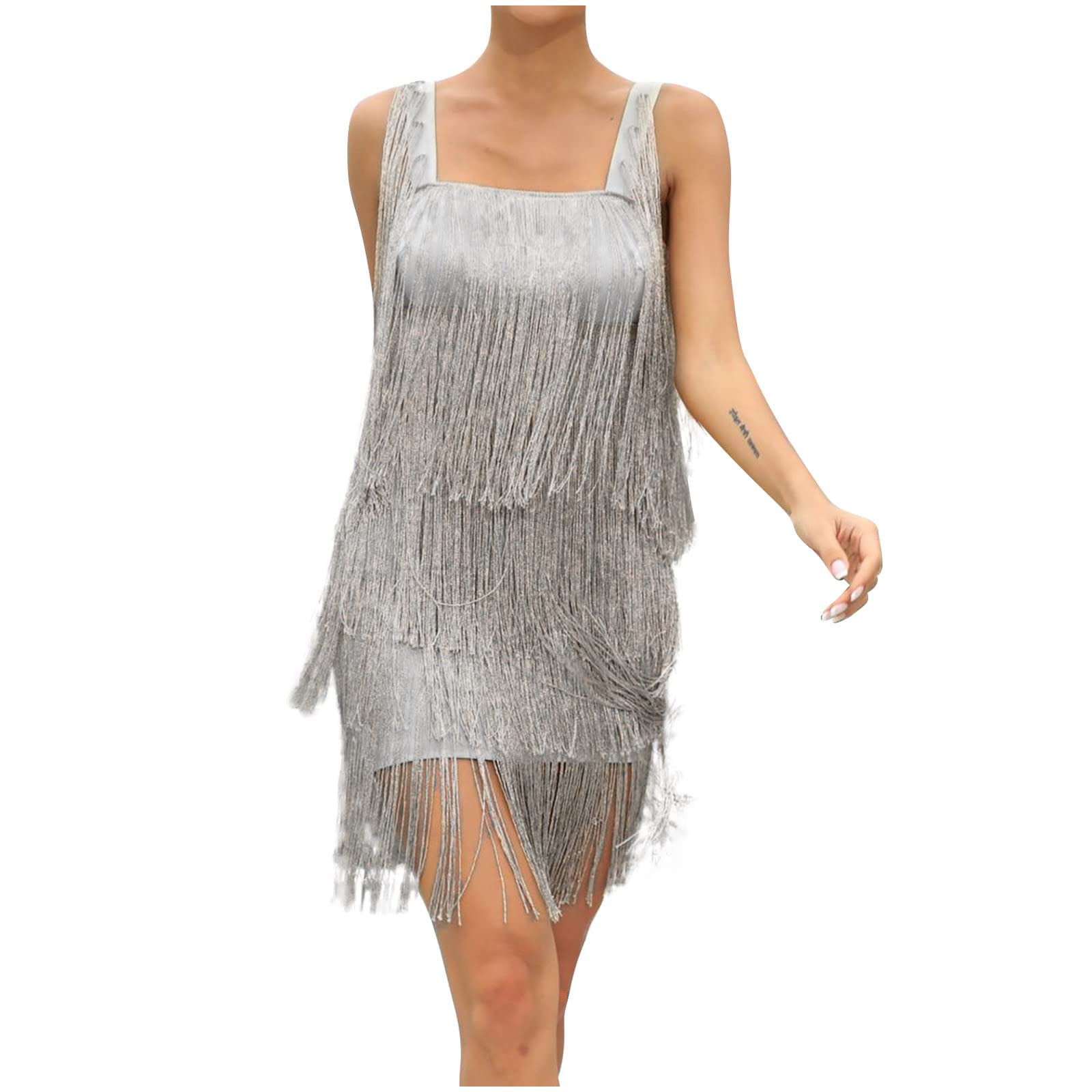 YZHM Women's Sleeveless Layered Fringe Mini Dress - Square Neck Bodycon Party Dress for Evening Events, Club Wear & Summer Outfits | Sexy Solid Cami Dress for Night Out