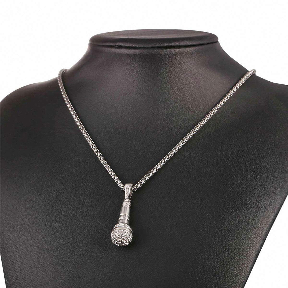 Stainless Steel Gold Rhinestone Microphone Pendant Ice Out Chain Necklace for Men & Women - Perfect for Concerts, Parties & Hip Hop Fashion