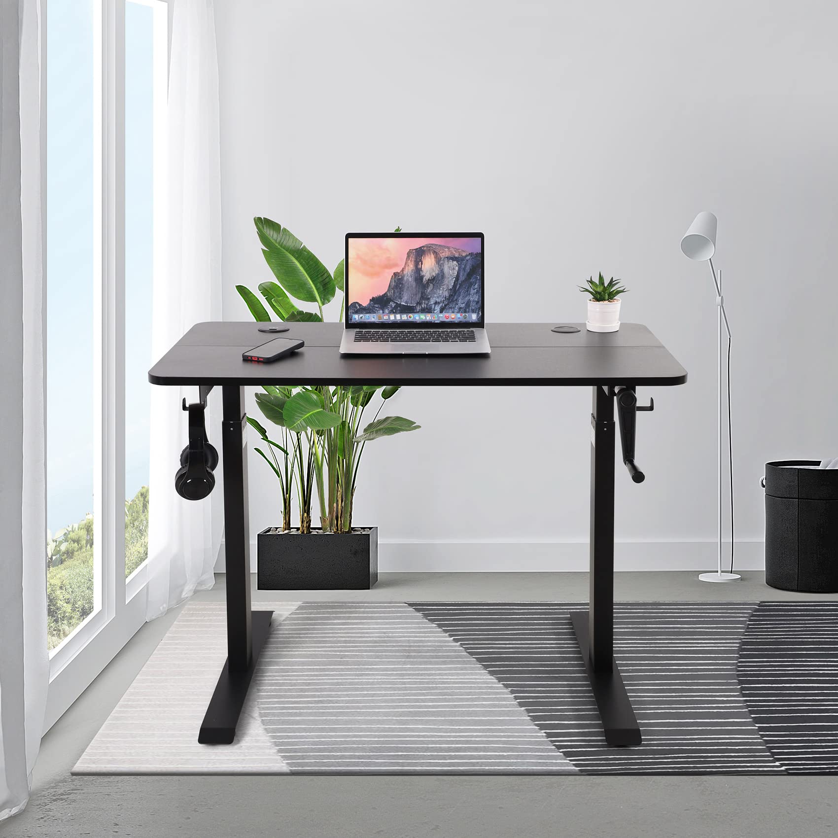 UNICOO Adjustable Height Standing Desk with USB & Wireless Charger - Electric Crank Game & Computer Desk for Home Office (Black, M2) - Perfect for Gaming, Work & Study