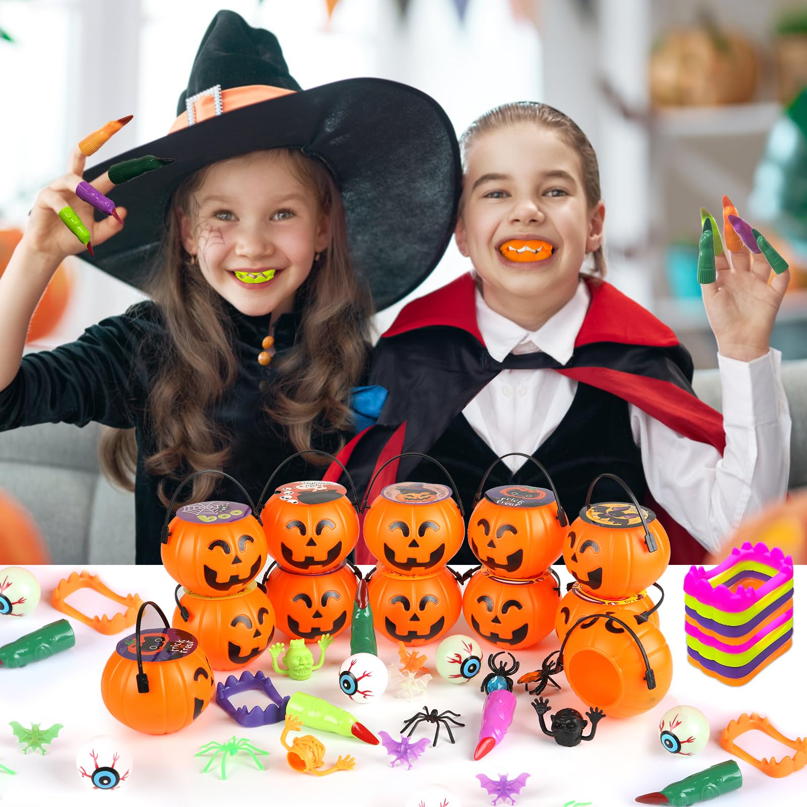 12 Pack Halloween Pumpkin Buckets Prefilled with Toys - Bulk Halloween Party Favors for Kids, Trick or Treat Supplies - Perfect for Classroom Treats, Neighborhood Trick-or-Treating & Halloween Parties