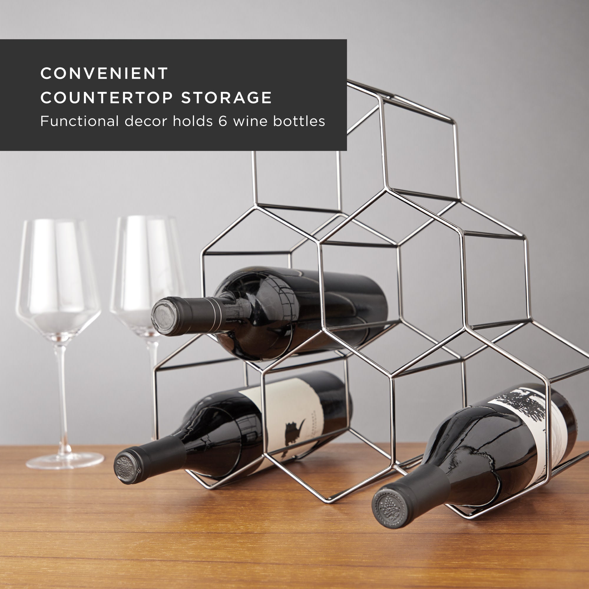 Gunmetal Geo Countertop Wine Rack - Modern Metal Wine Bottle Holder for Kitchen, Bar & Dining Room Decor | Space-Saving Storage Solution
