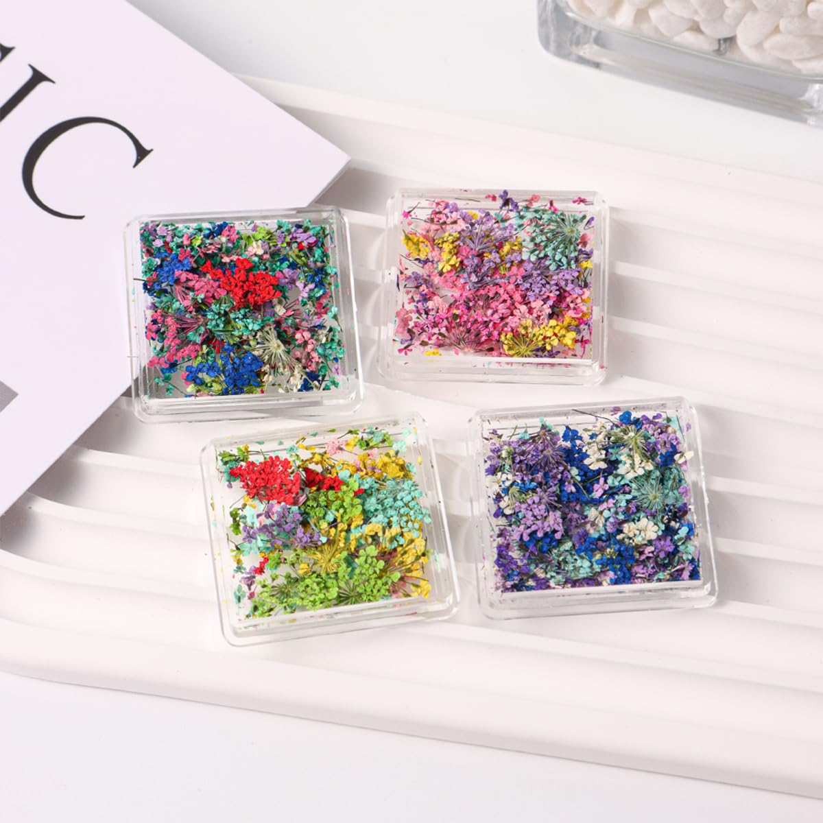 4Box 3D Dried Flowers Nail Art Stickers - Natural Dry Flower Nail Decals with Tiny Petals for DIY Manicure | Floral Nail Stickers for Women | Perfect for Wedding, Party, Salon & Home Nail Art Decorations