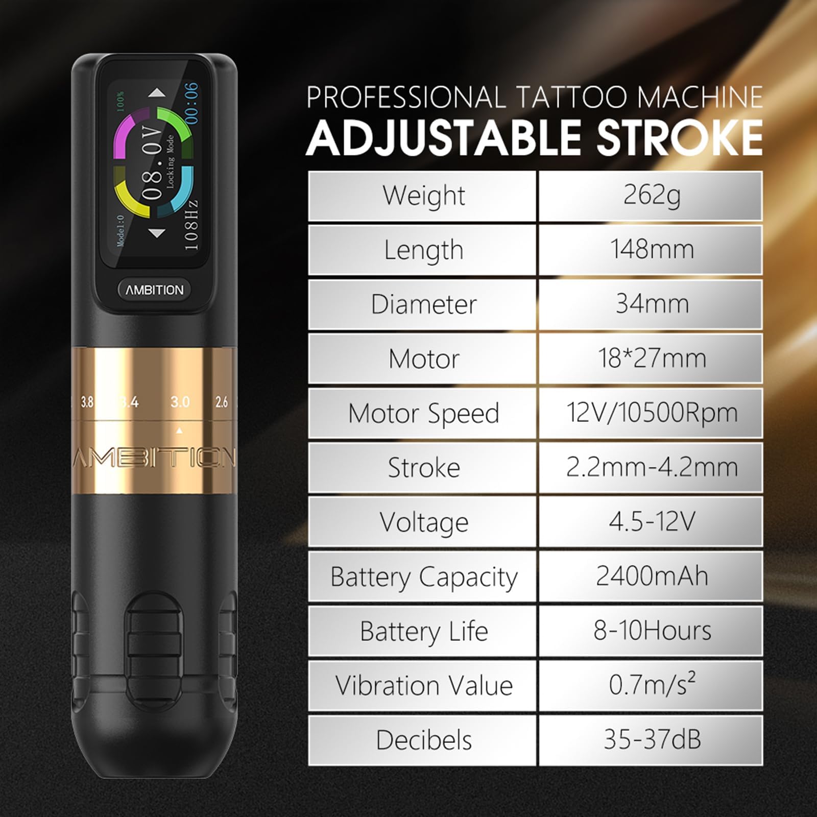 Wireless Rotary Tattoo Machine - 6 Adjustable Stroke (2.2-4.2mm), Brushless Motor, 2400mAh Battery for Professional Tattoo Artists | Perfect for Tattoo Studios, Home Use & Professional Artwork