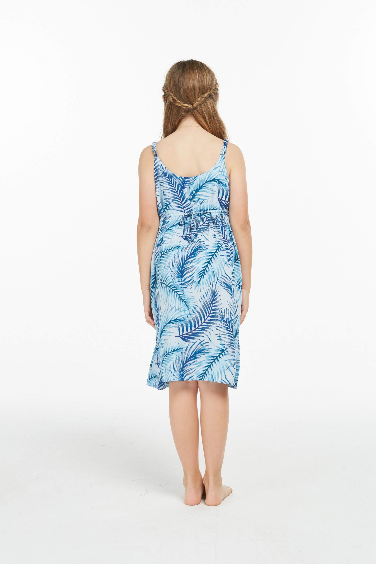 Hawaiian Mother Daughter Matching Outfits - Floral Blue Leaf Print Tunic & Elastic Waist Dress Set | Beach Vacation, Family Photos, Luau Party Outfits