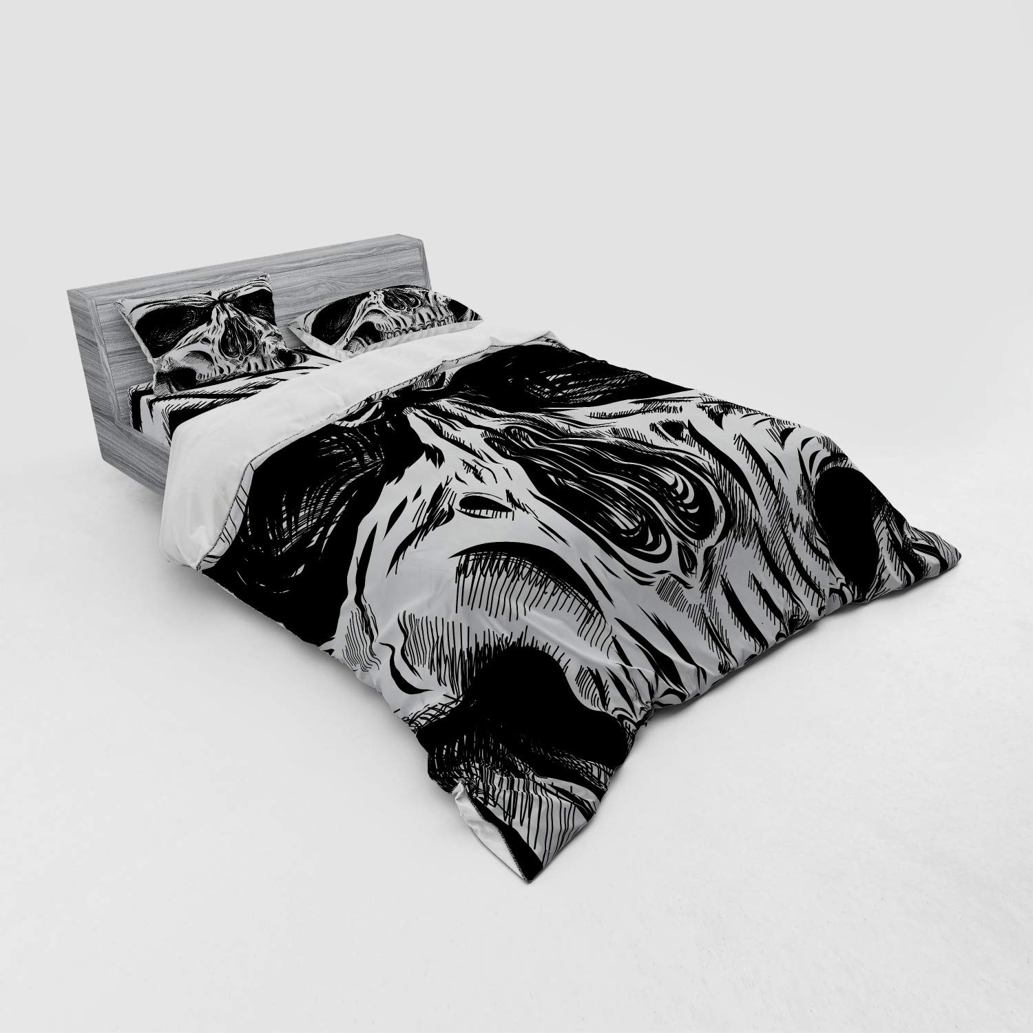 Ambesonne Halloween Bedding Set - Gothic Skull Duvet Cover with Shams & Fitted Sheet, Queen Size Black & White Skeleton Design | Spooky Bedroom Decor for Halloween Parties & Gothic Home Decor