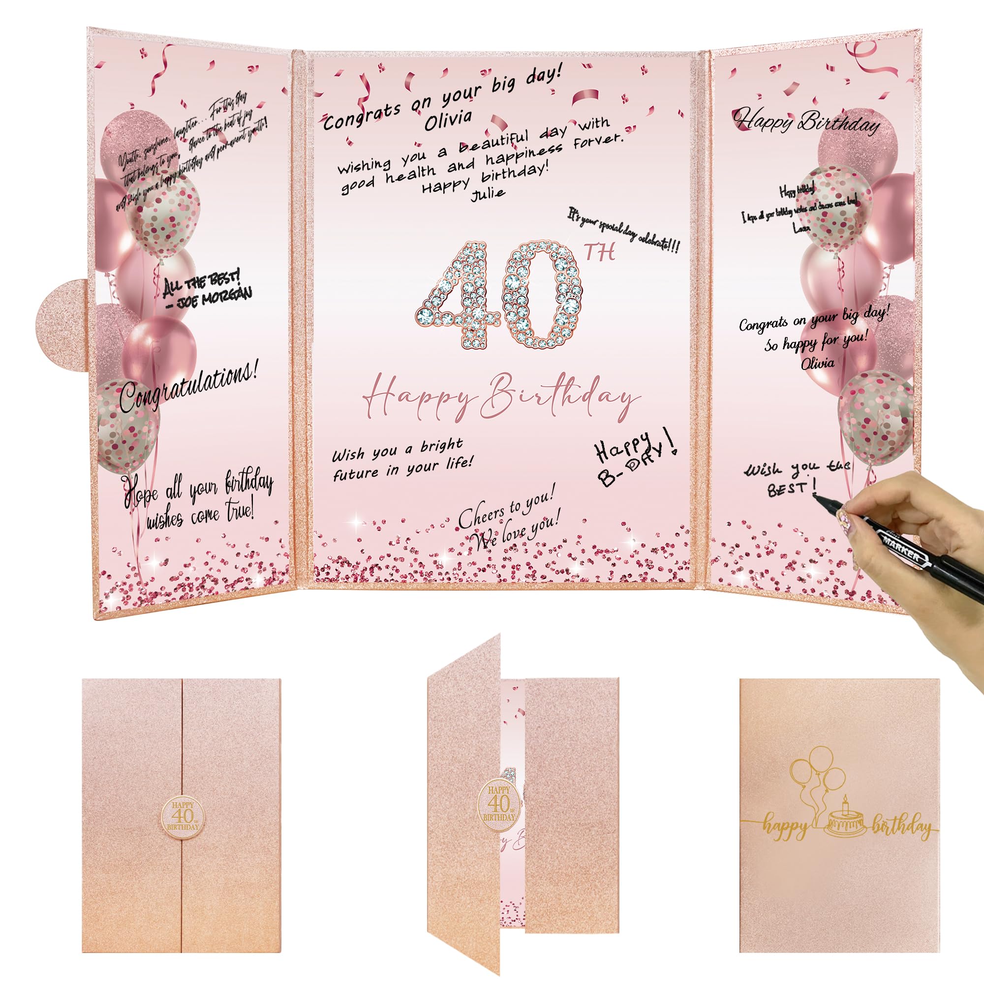 DARUNAXY Rose Gold 40th Birthday Party Decorations Set - Happy 40th Birthday Guest Book Alternative for Women, Pink 'Cheers to 40 Years' Signing Board - Perfect for Milestone Celebrations, Birthday Party Supplies & Photo Backdrop