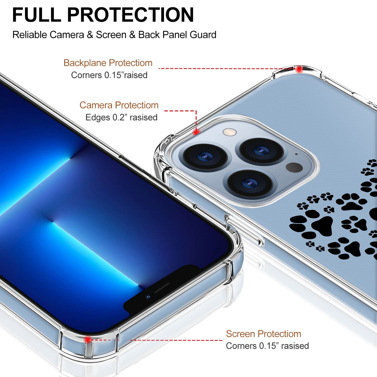 Cute Black Heart Cat Paw iPhone 12 & 12 Pro Case - Crystal Clear TPU Shockproof Phone Cover for Women & Girls - Soft Protective 6.1 Inch Case for Everyday Use & Fashion Accessory