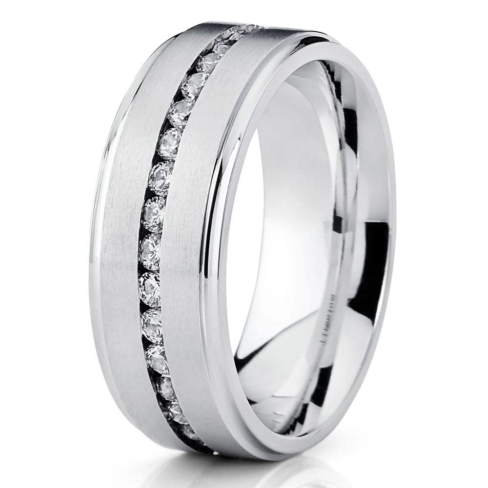 Titanium Wedding Ring for Men & Women - Silver Tungsten Wedding Band with CZ Stones, 8mm Comfort Fit - Perfect for Engagements, Anniversaries & Everyday Wear