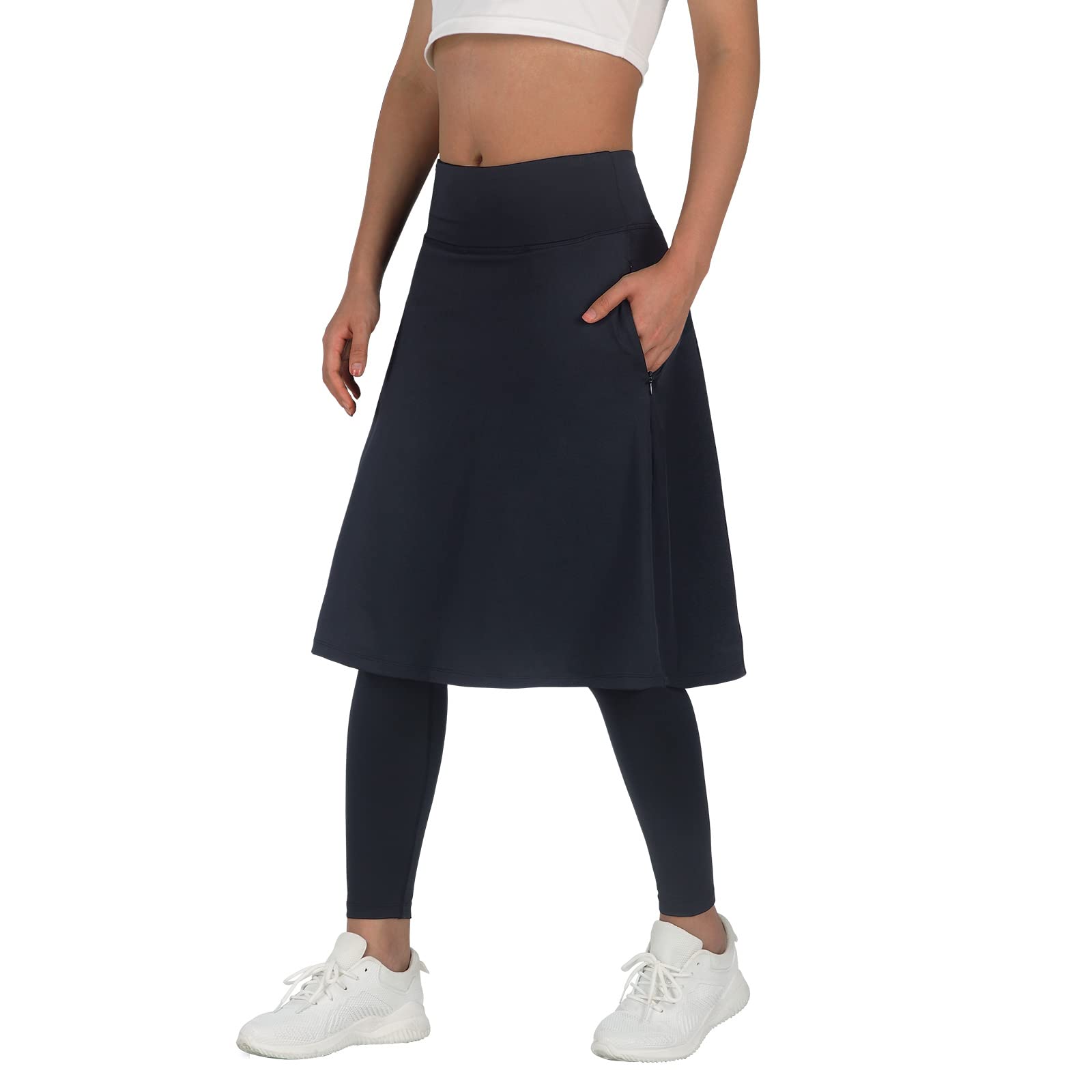 ANIVIVO Women's Long Knee-Length Skirt with Built-In Leggings - High Waist Stretchy Skirted Leggings with Pockets - Perfect for Work, Yoga & Casual Outfits