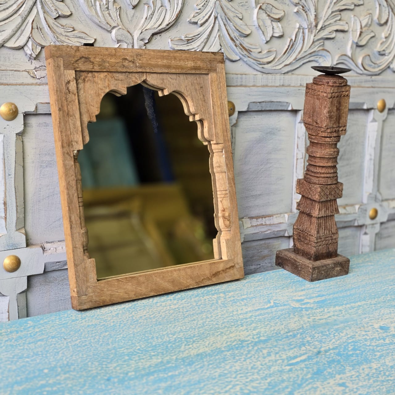 Hand Carved Indian Solid Wood Temple Mirror - Brown 116 - Elegant Wall Decor for Living Room, Bedroom, or Meditation Space