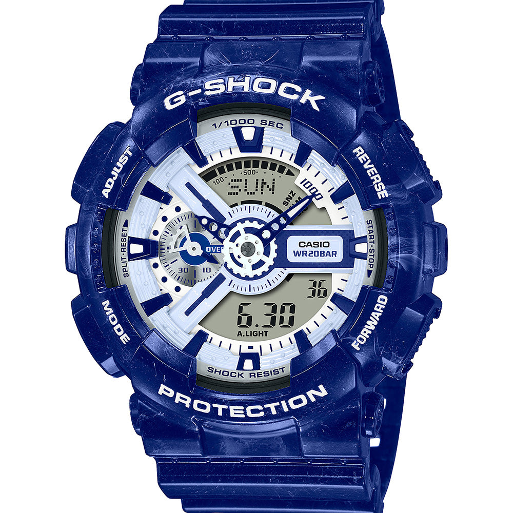 Casio G-Shock GA110BWP-2A Digital Analog Watch - Blue and White Pottery Design, Shock Resistant, 200M Waterproof - Perfect for Outdoor Sports, Diving & Everyday Wear