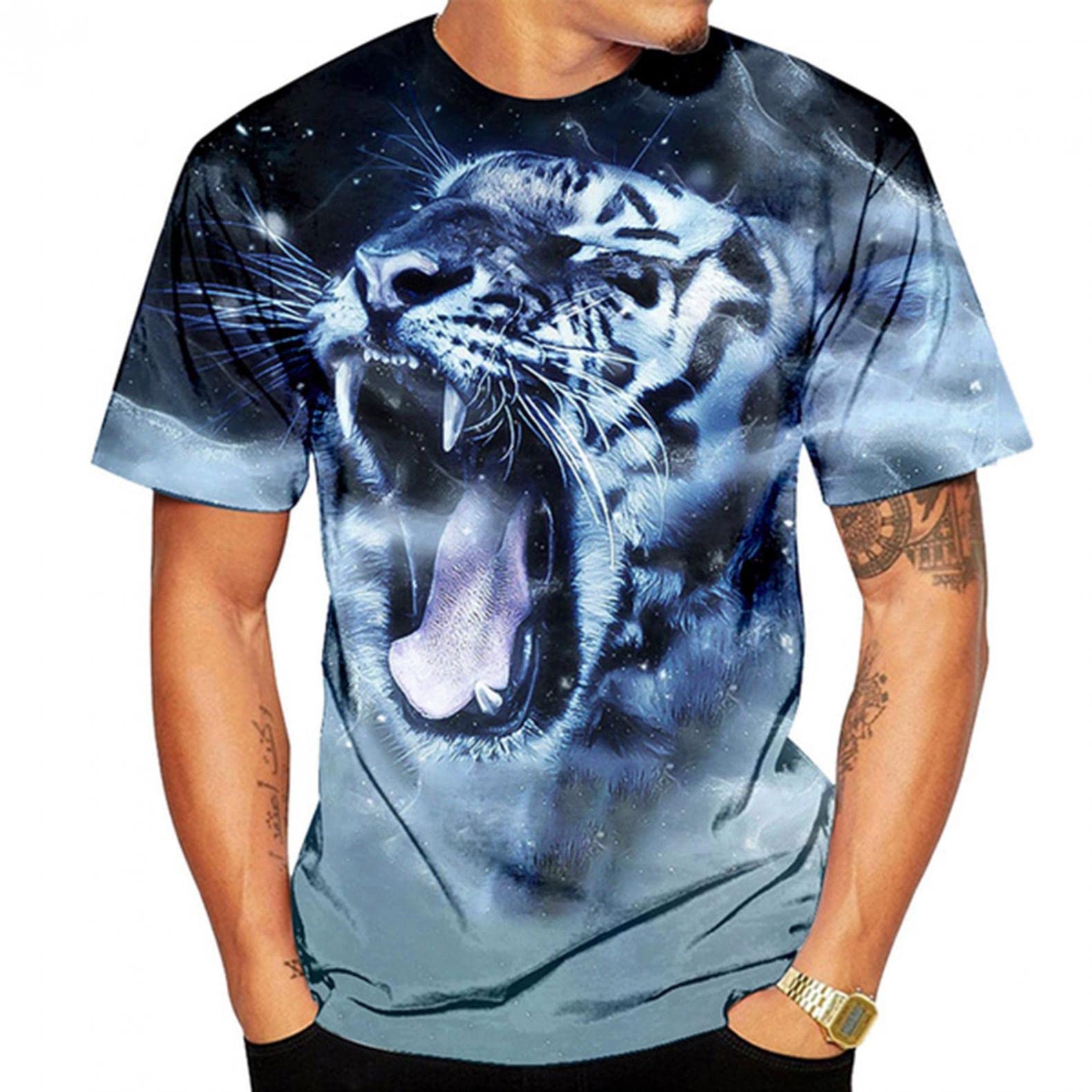 Men's Graphic Tiger Print Short Sleeve T-Shirt - Crewneck Casual Tee for Summer | Animal Theme Streetwear, Gym & Outdoor Activities