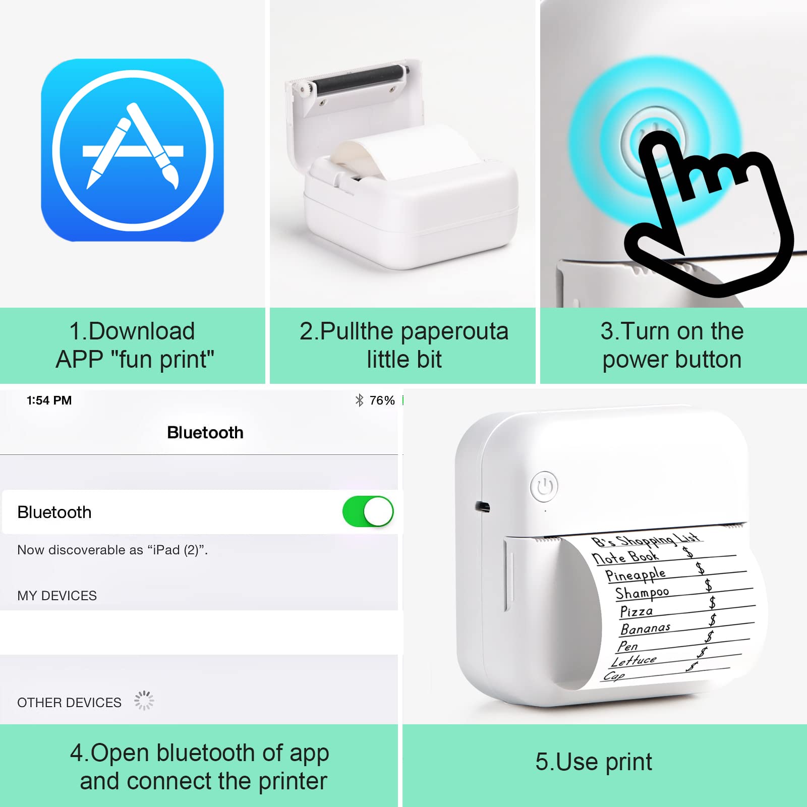 Portable Wireless Bluetooth Thermal Printer - Mini Pocket Printer with 6 Rolls of Printing Paper, Compatible with Android & iOS Smartphones - Perfect for Receipts, Labels, Photos, Notes, and Memos at Home, Office, or On-the-Go