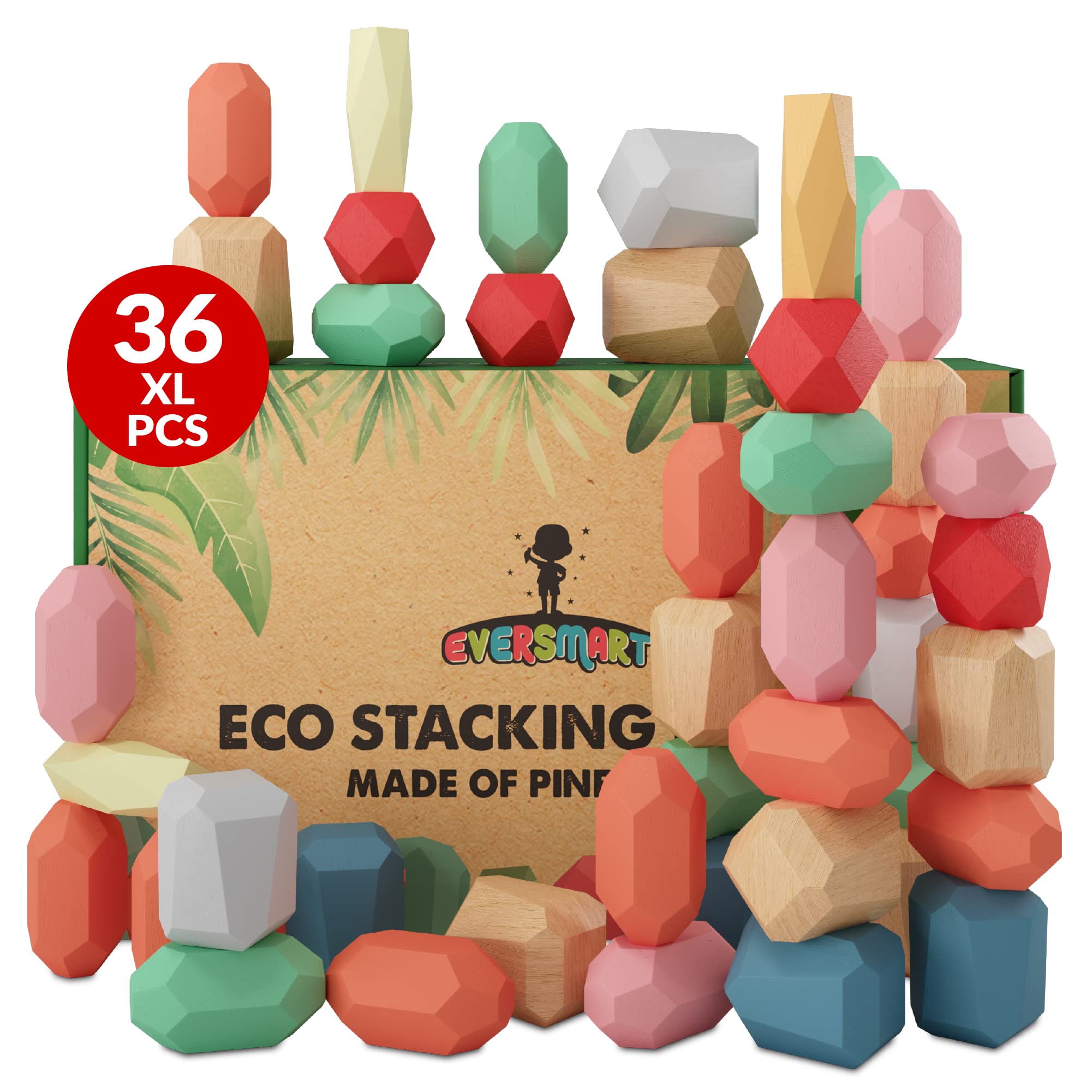 EVERSMART 36 Pcs Wooden Stacking Blocks - Montessori Educational Toys for Toddlers Age 1-6 Years, Large Building Stones for Kids, Safe STEM Learning Toys, No Choking Hazard - Perfect Birthday Gift for Boys & Girls - Great for Preschool Learning, Sensory Play & Creative Building Activities