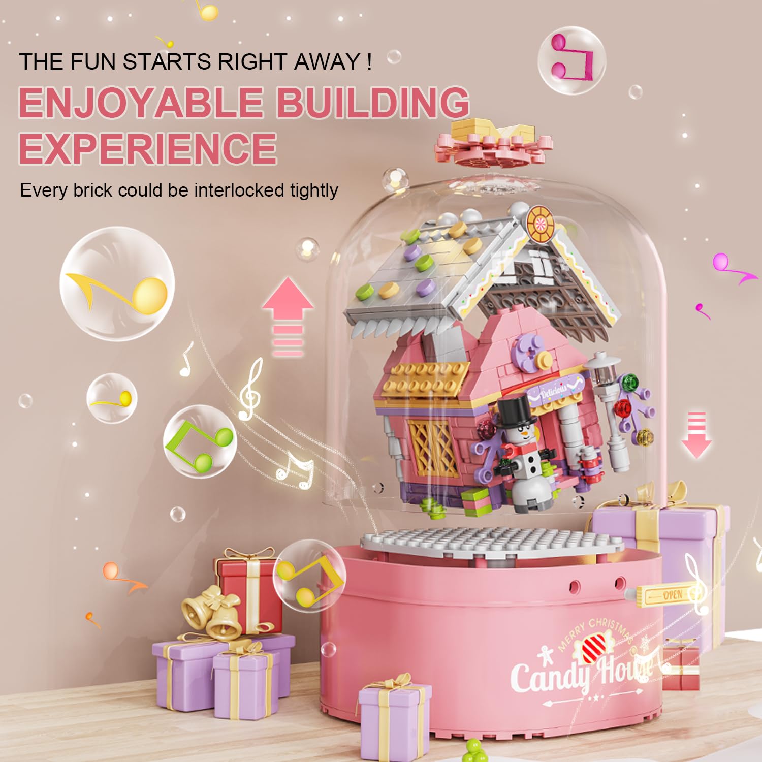 Pink Christmas Music Box Building Blocks Kit with LED Lights & Auto Snowfall - 8 Song Santa House Set, Compatible with Lego - Perfect Holiday Gift for Girls & Kids | Great for Christmas Decor, Playtime & Festive Gifting