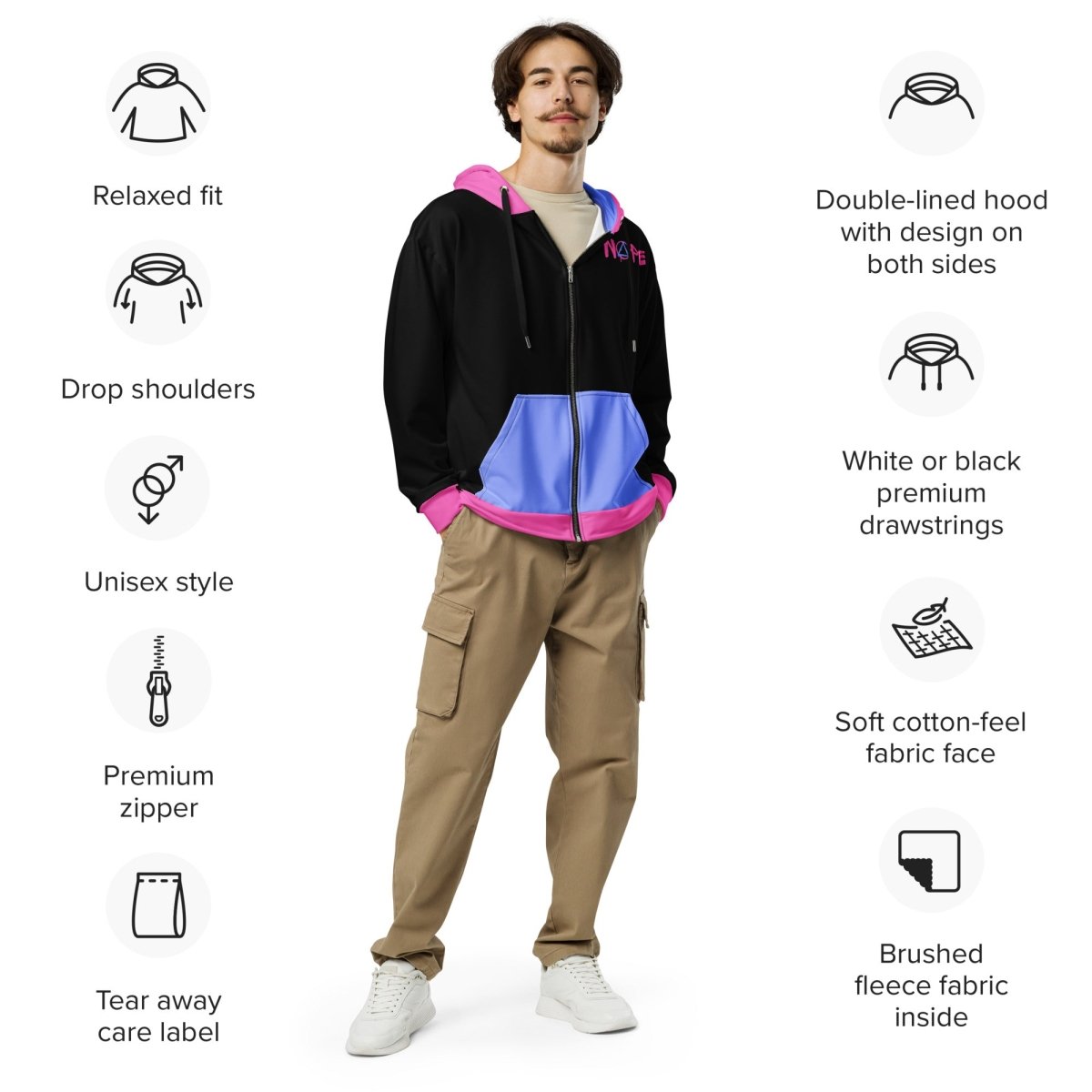 Graffiti Sobriety Symbol & 'Nope' Unisex Zip Hoodie - Pink & Blue Pullover for Streetwear, Casual Outfits & Urban Fashion